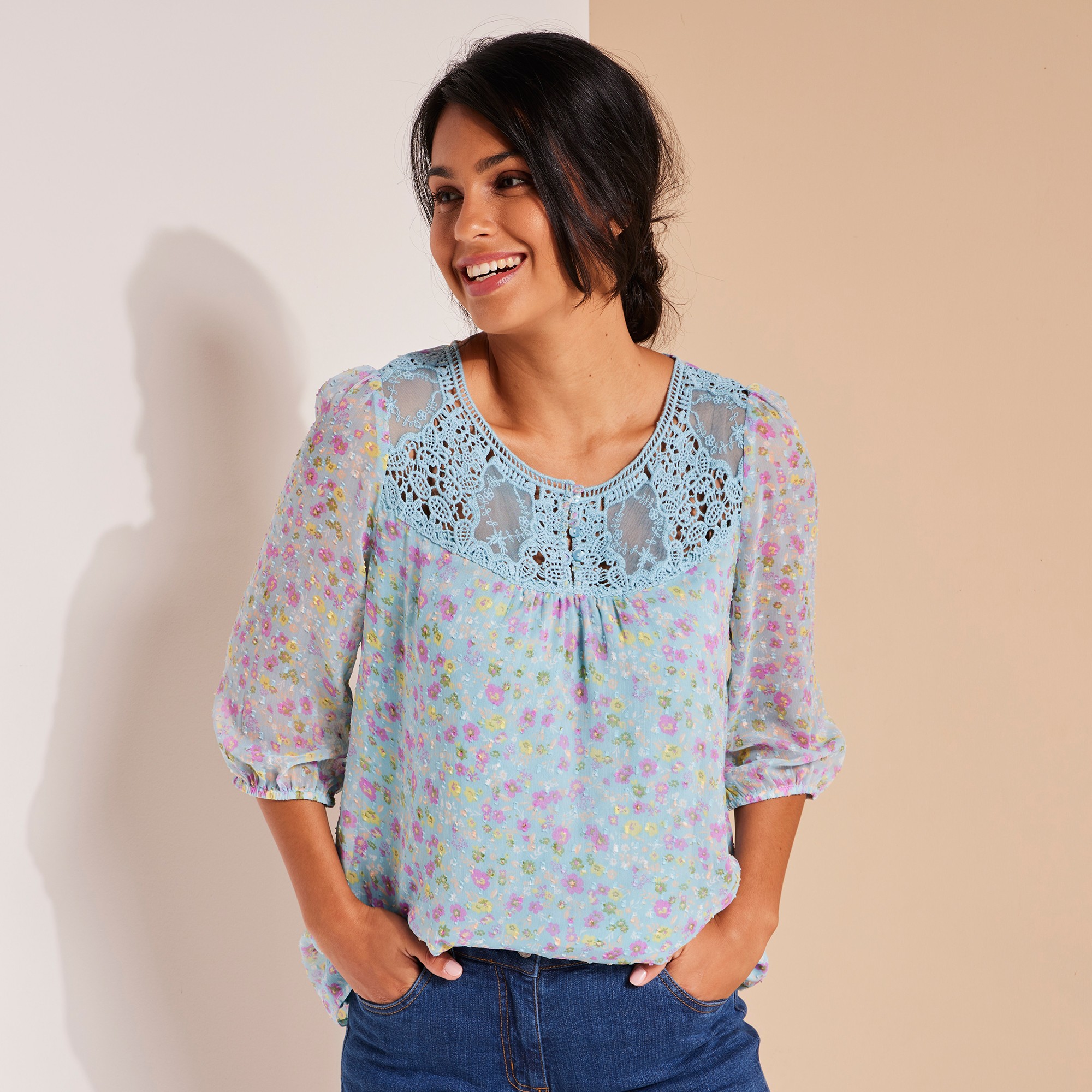 Blouse Macramé Imprimée, Voile Plumetis - Blancheporte