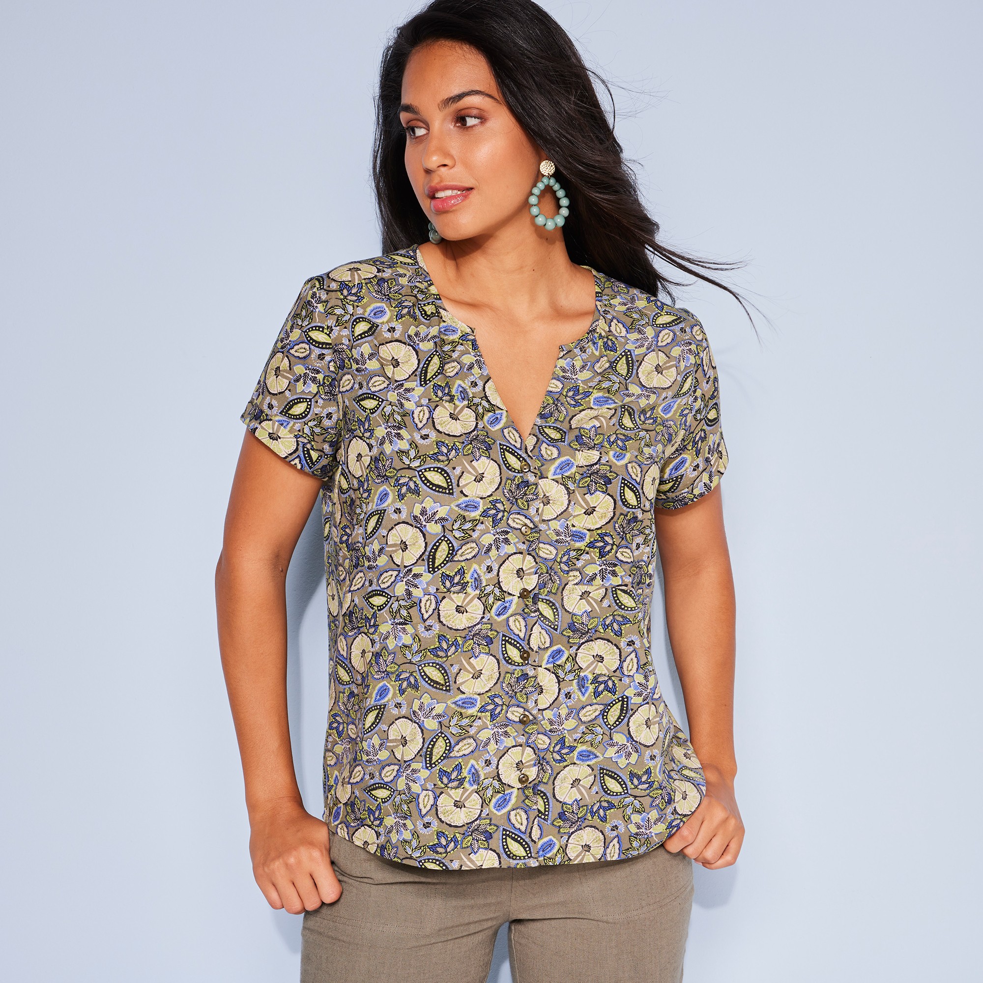 Blouse Boutonnée En Viscose Imprimé Ethnique, Manches Courtes - Blancheporte