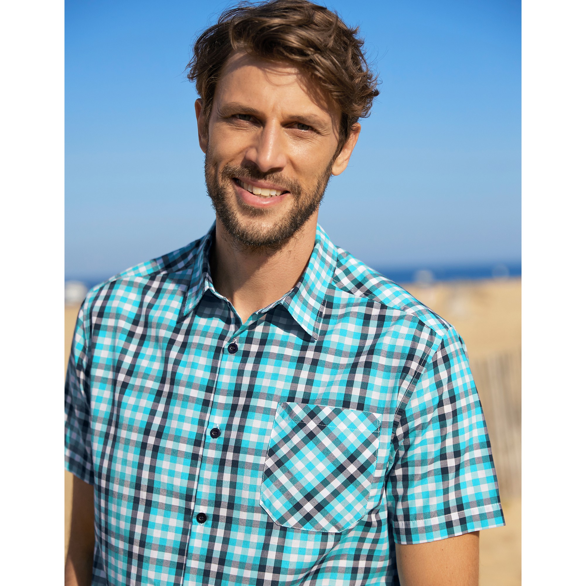 Chemise a carreaux manches courtes polycoton bleu Blancheporte