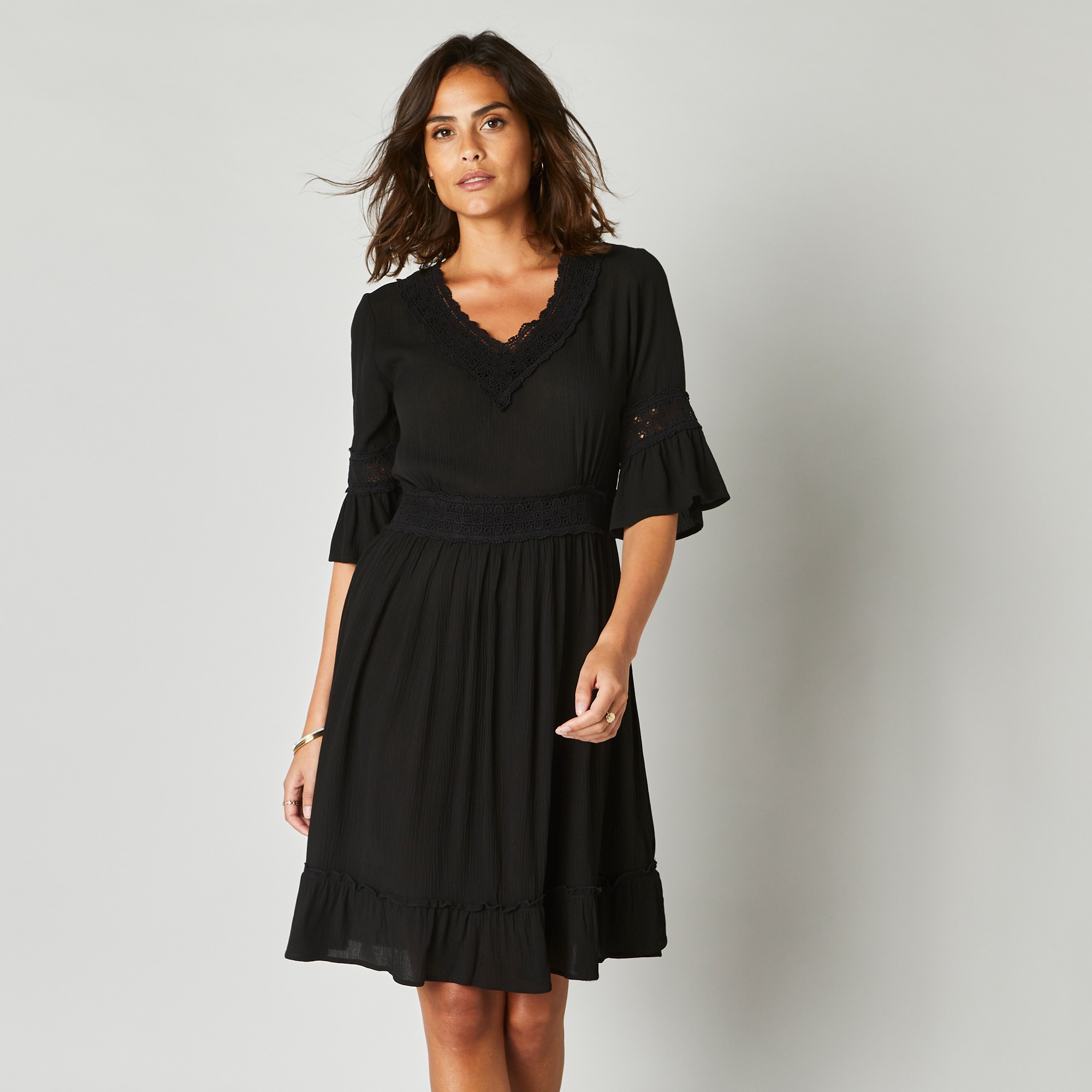 Robe courte macramé unie, crépon - 54 - Noir - Lora Zellini