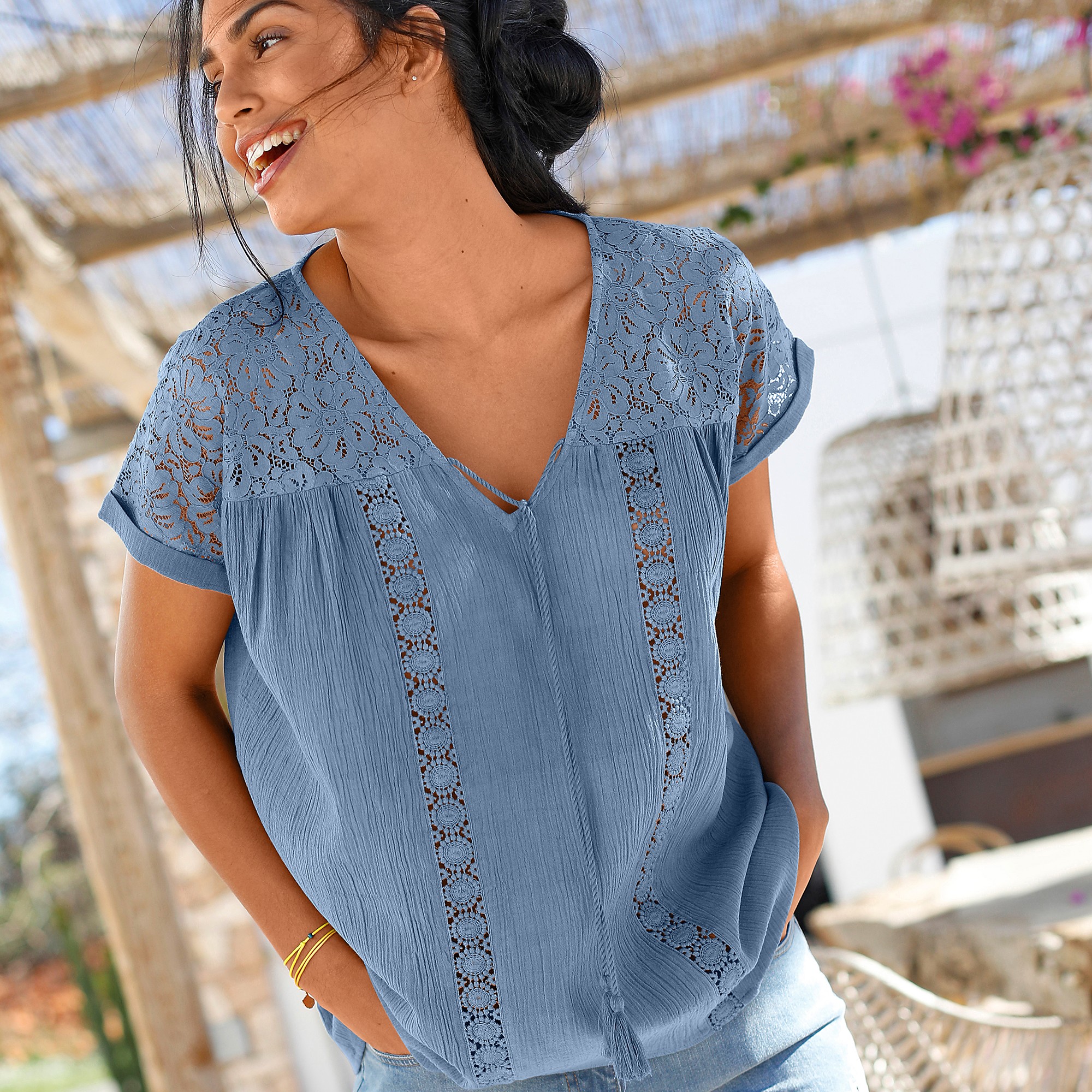 Blouse macramé, crépon coton - 54 - Bleu - Lora Zellini