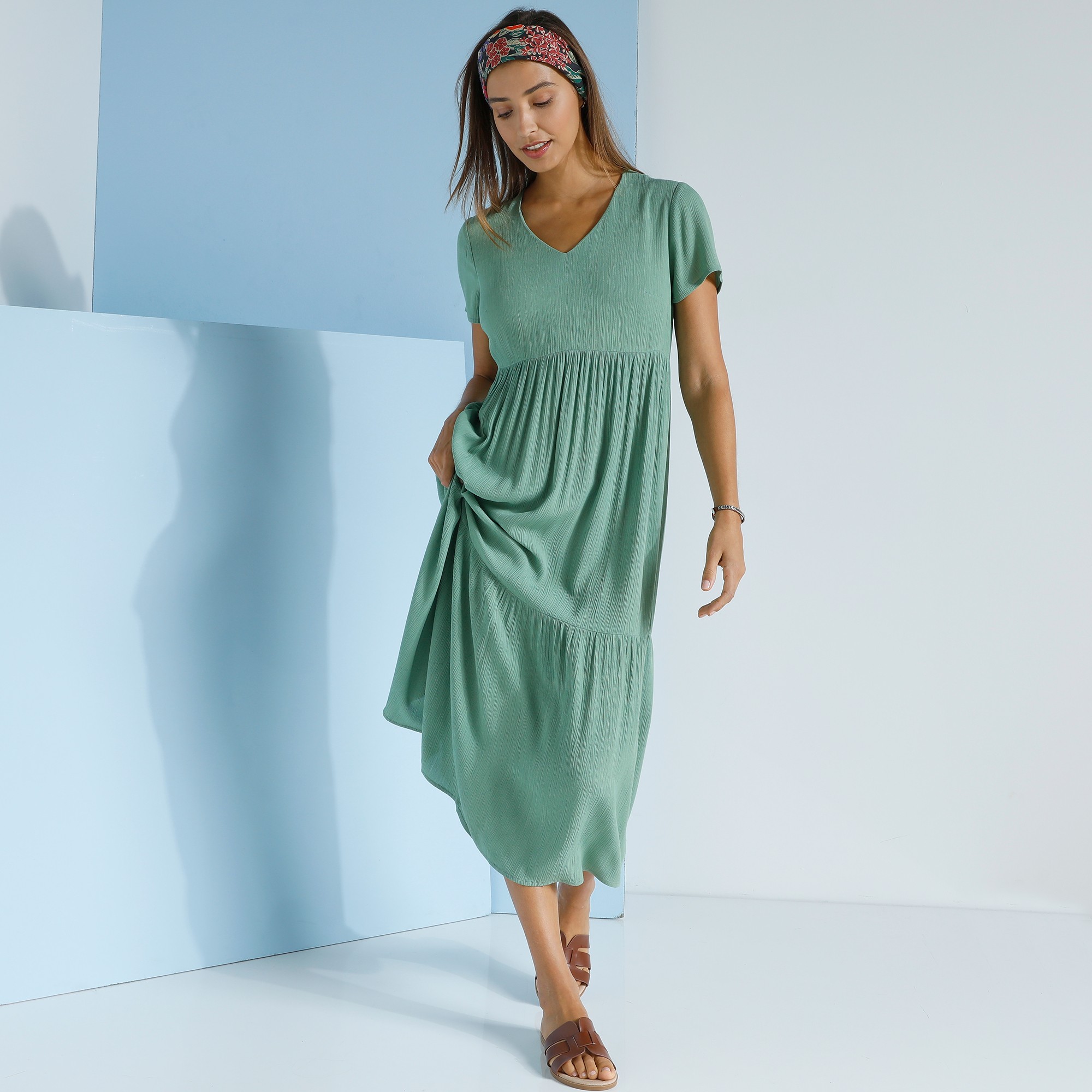 Robe Col V Longue Unie, Crépon - Blancheporte