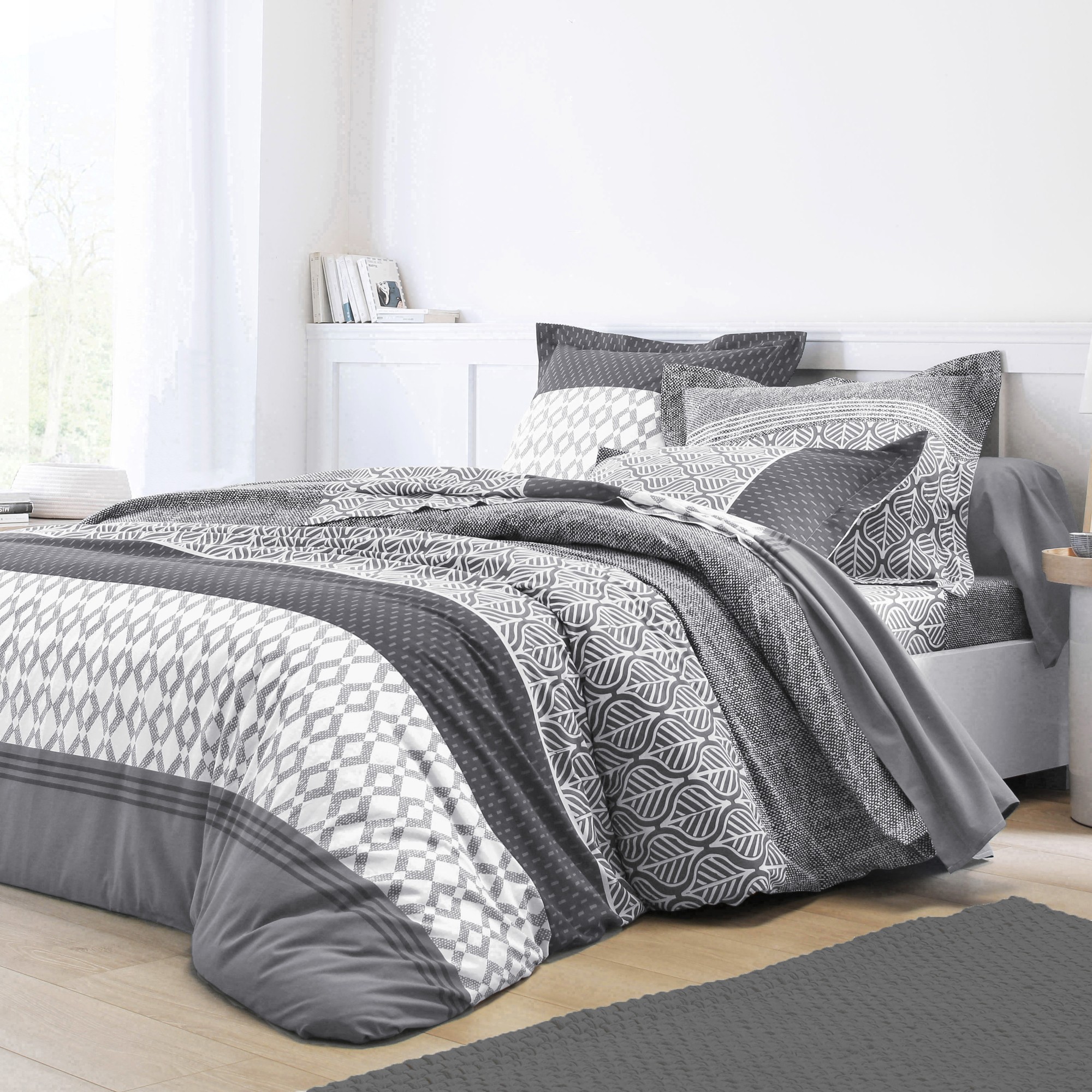 Linge de lit Tommy imprimé géométrique - coton - Drap-housse 2 Personnesonnes : 140x190cm - Gris - C