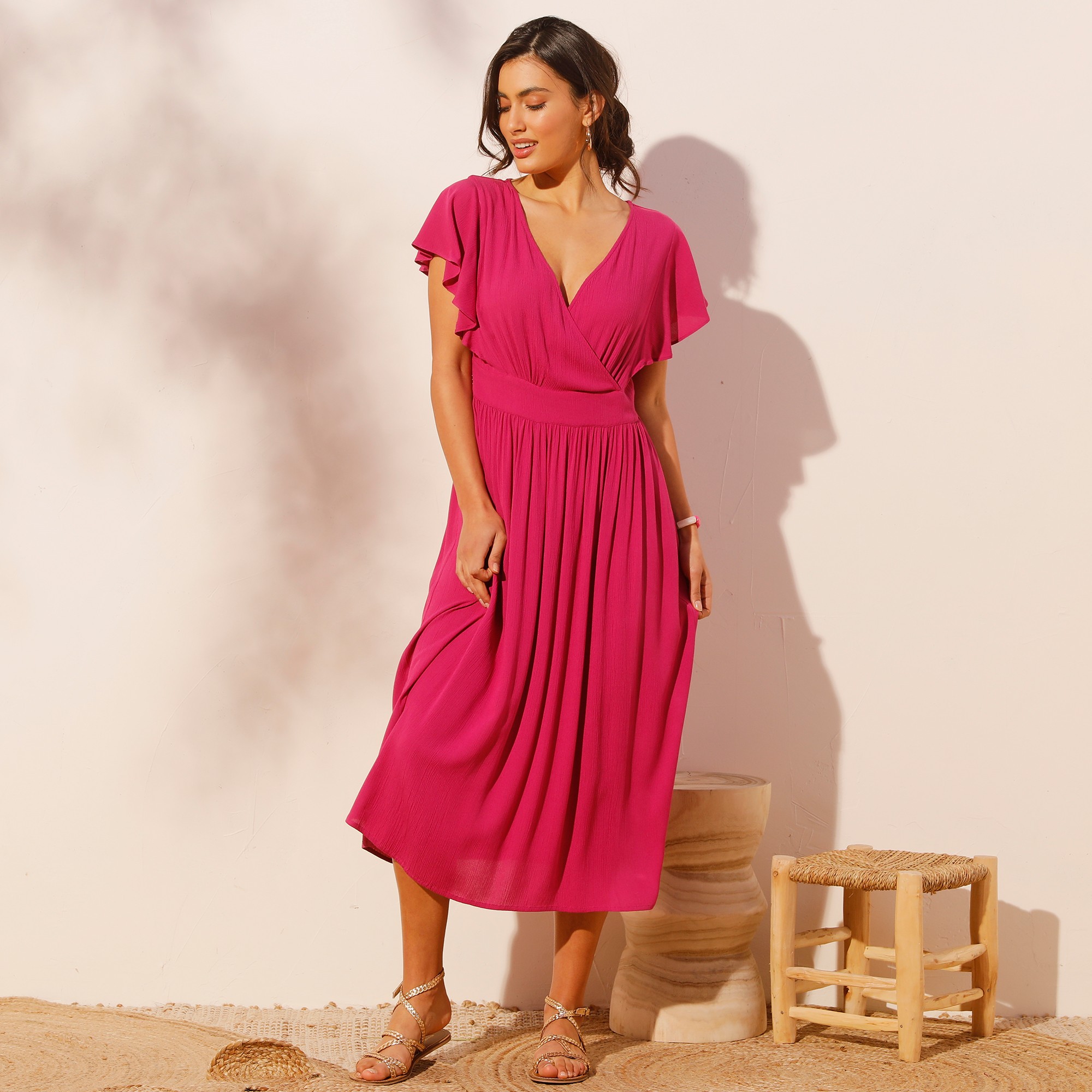 Robe volantée cache-coeur violine crépon - 52 - Violet - Coeur Au Sud