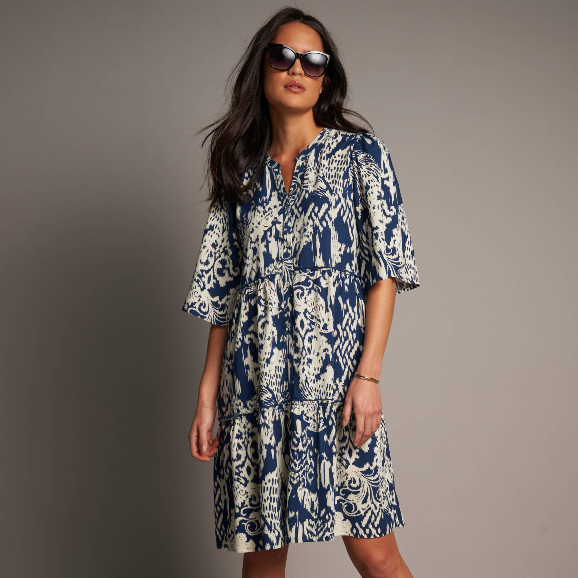 Robe évasée à volants, imprimé ethnique bicolore - Blancheporte