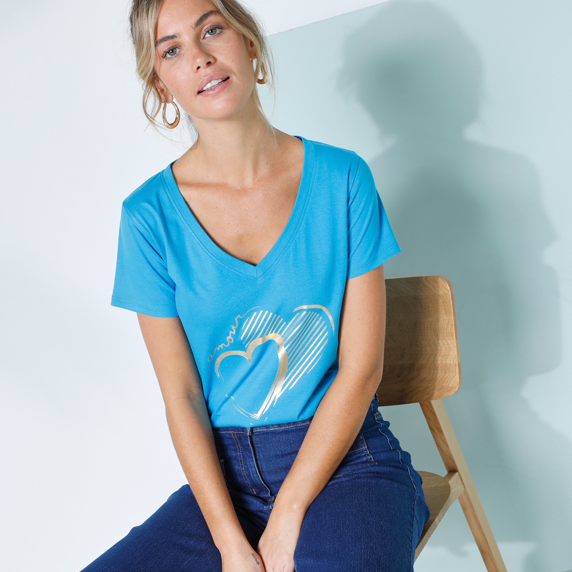 T-shirt Col V Imprimé Doré - Blancheporte