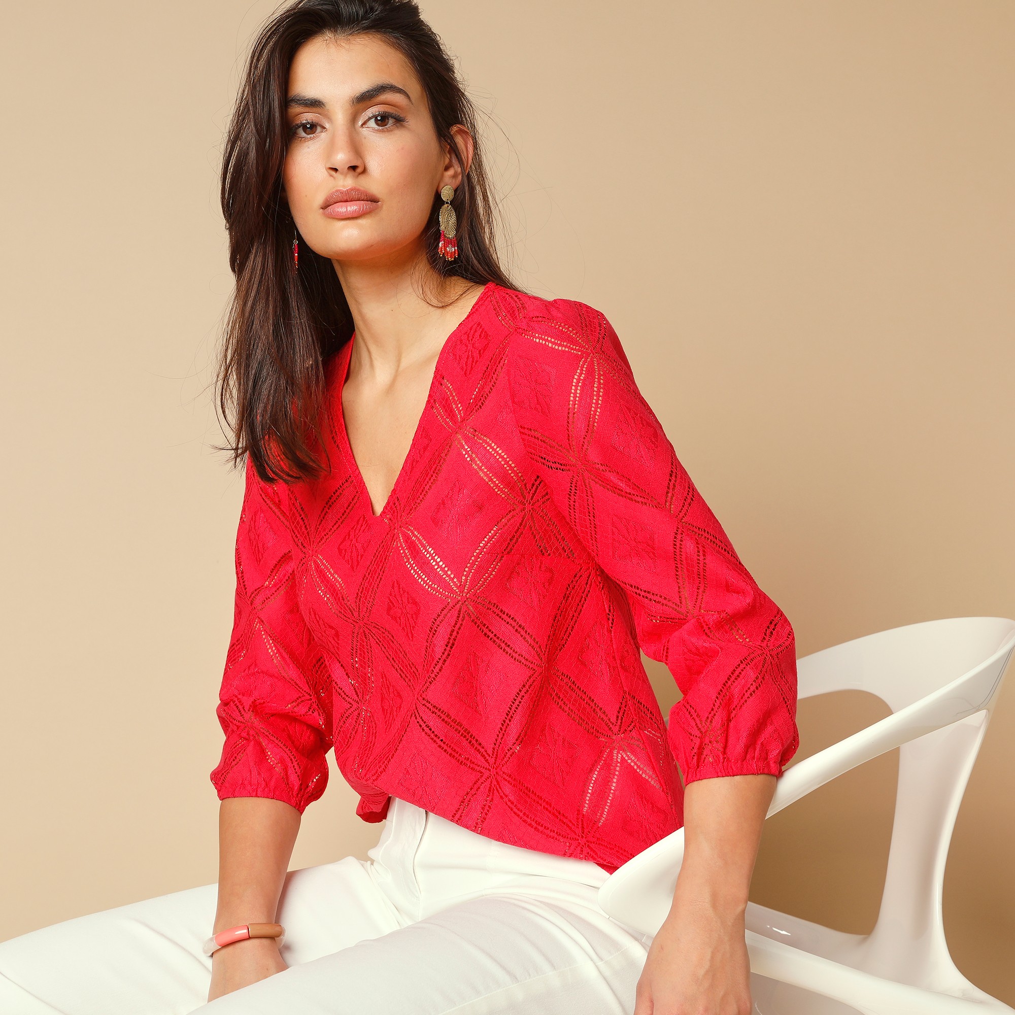 Tee-shirt dentelle manches bouffantes - 52 - Rose - Lora Zellini