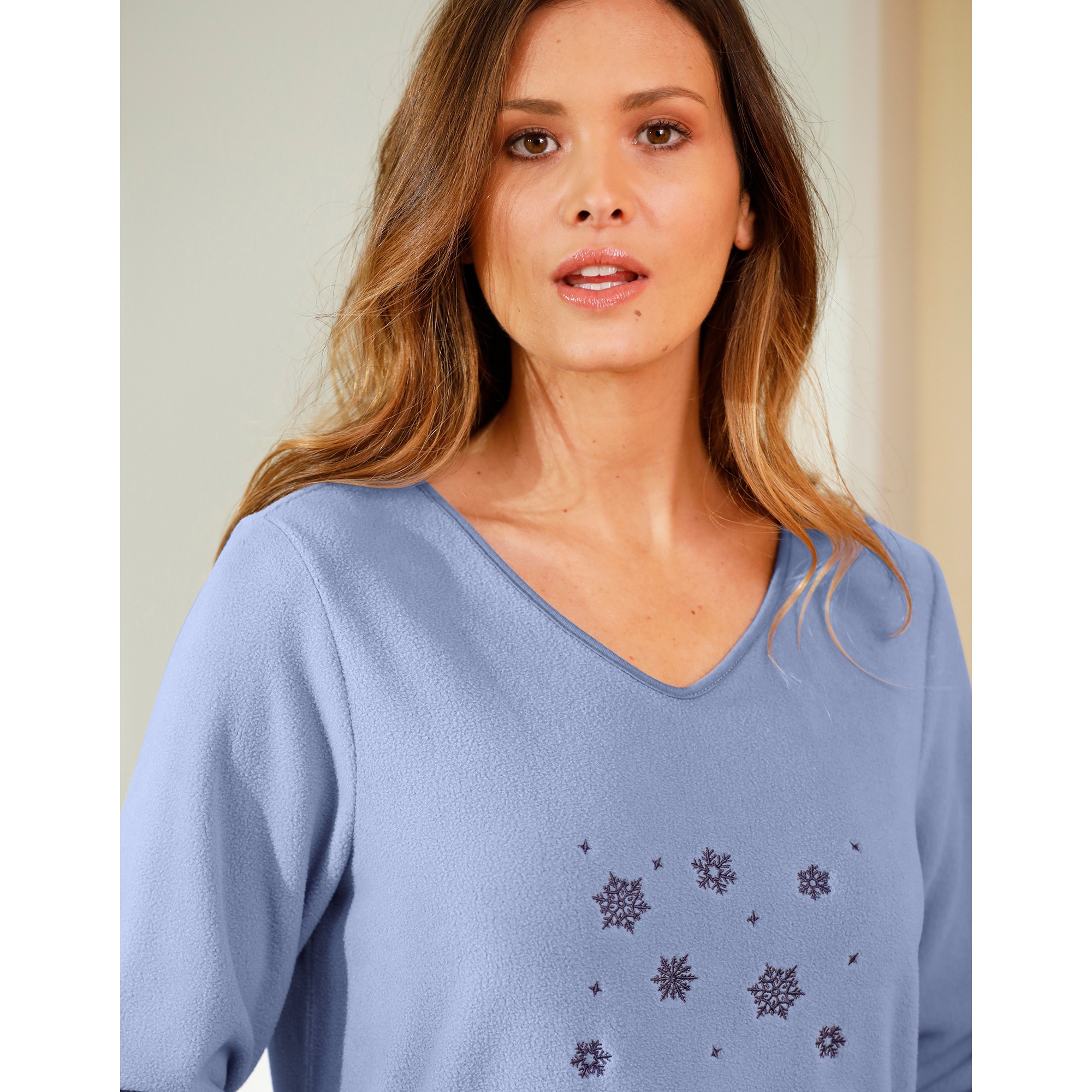 Chemise de nuit polaire manches longues brod e bleu gris