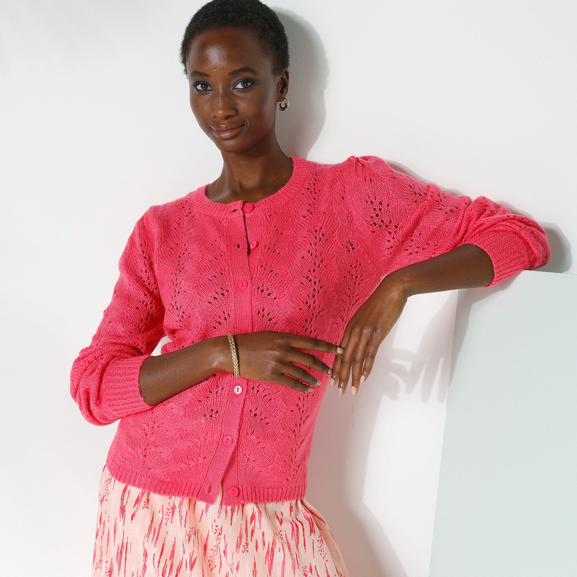 Cardigan Boutonné Manches Blousantes, Maille Ajourée Toucher Mohair - Blancheporte