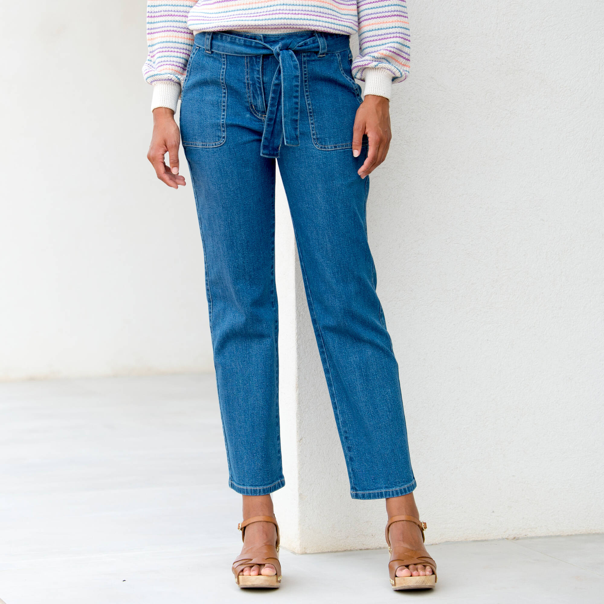 Jean Droit Taille Haute, Ceinture À Nouer - Blancheporte