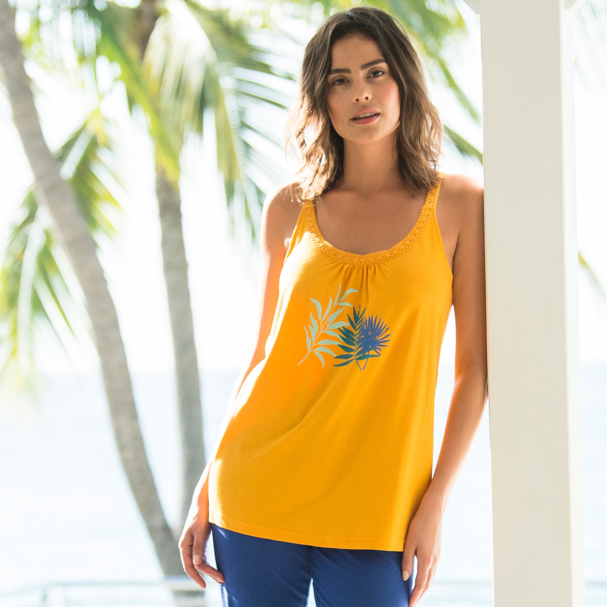 Top De Pyjama En Coton Et Macramé - Uni Tropical - Blancheporte