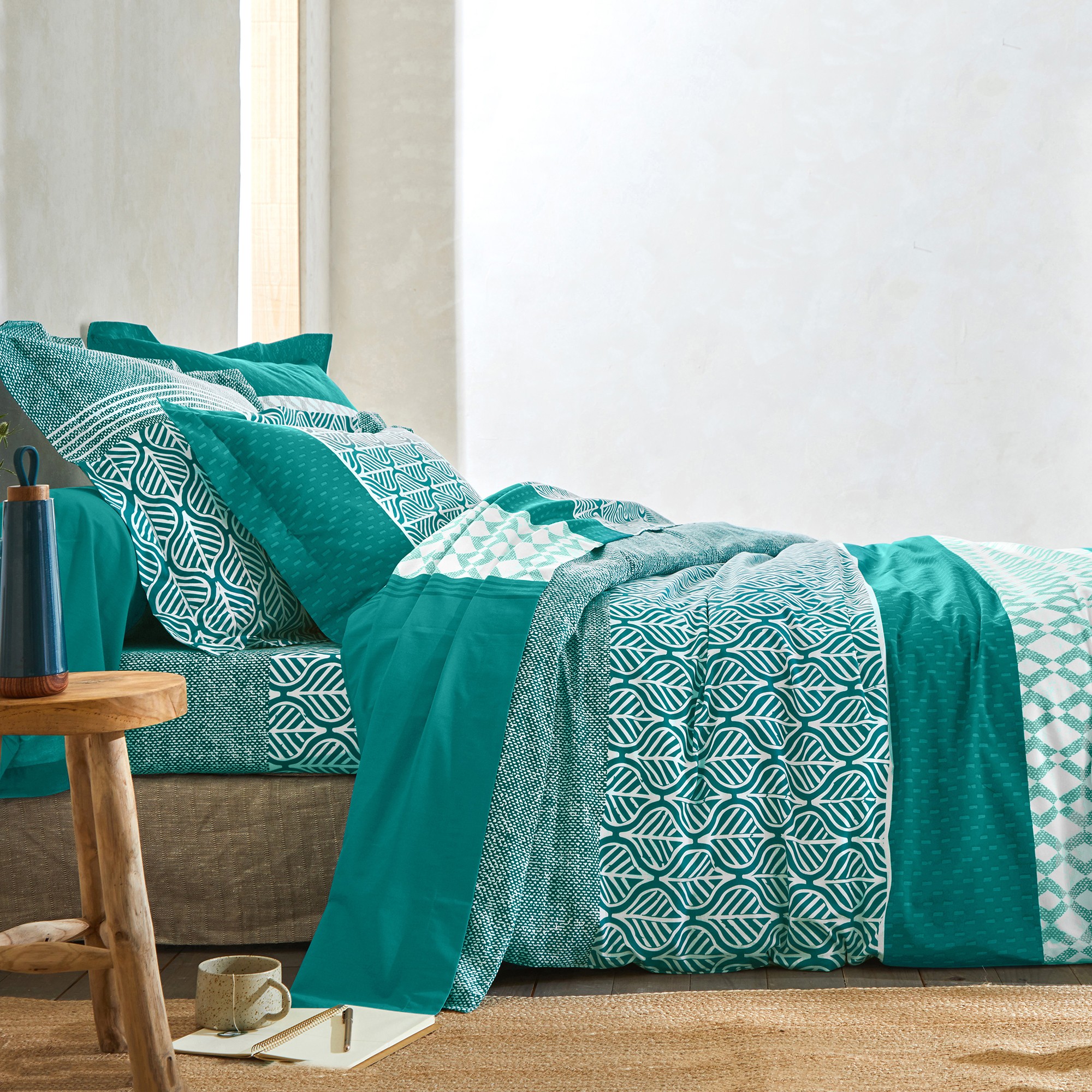 Linge de lit Tommy imprimé géométrique - coton - Drap Plat 2 Personnesonnes : 270x300cm - Vert - Col