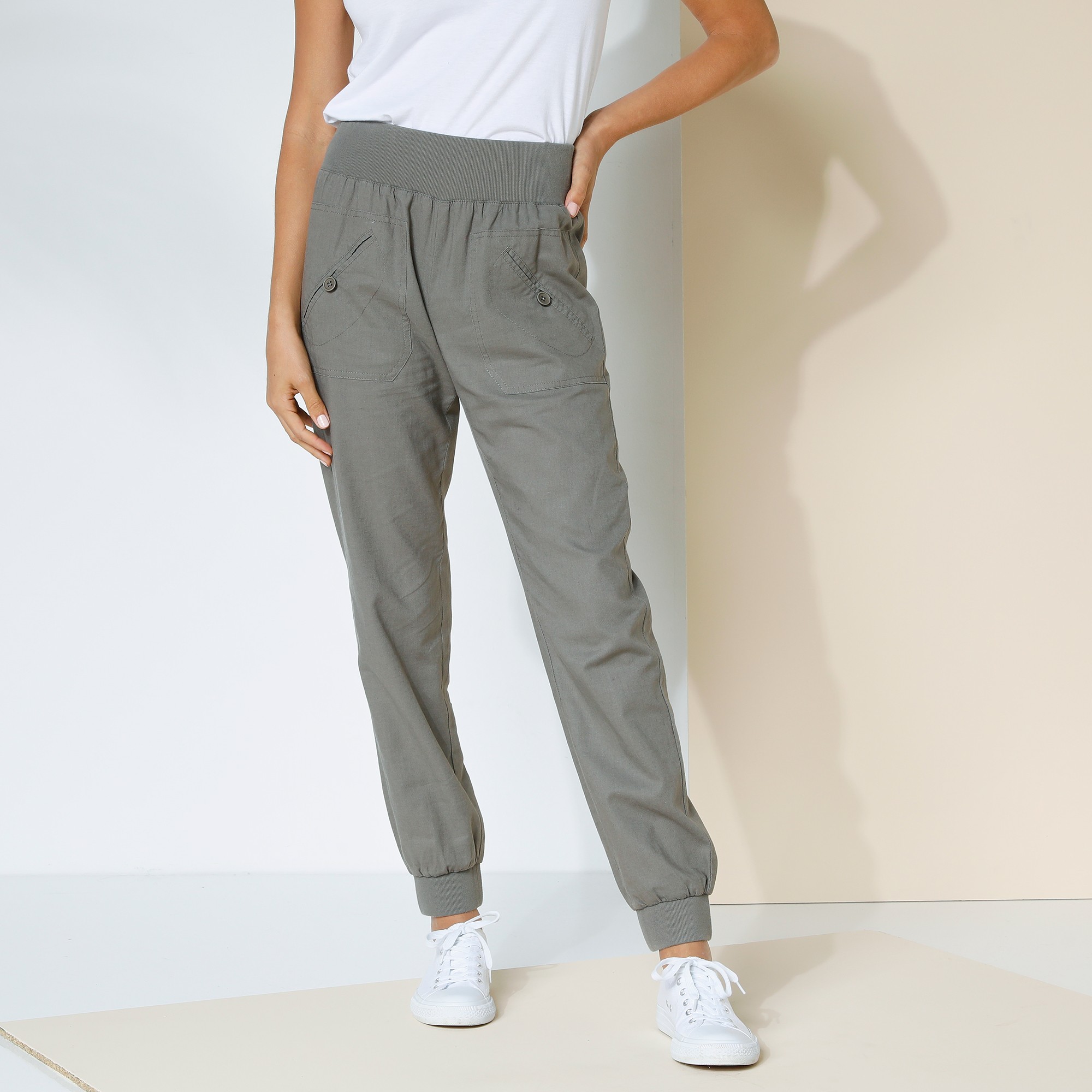 Pantalon blousant taille elastiquee lin coton bronze Blancheporte