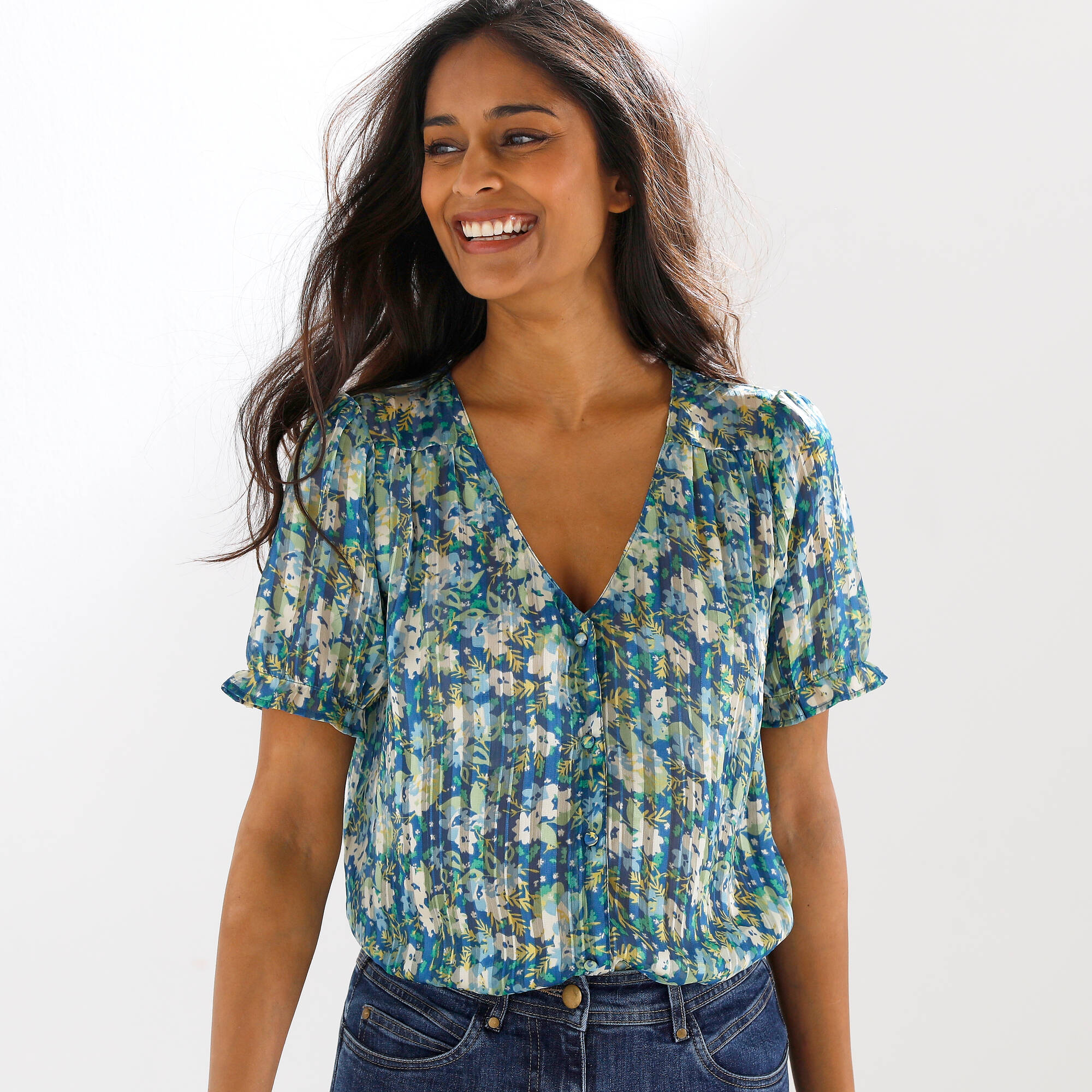 Robe-chemisier longue en voile jacquard imprimé floral, marine / caramel
