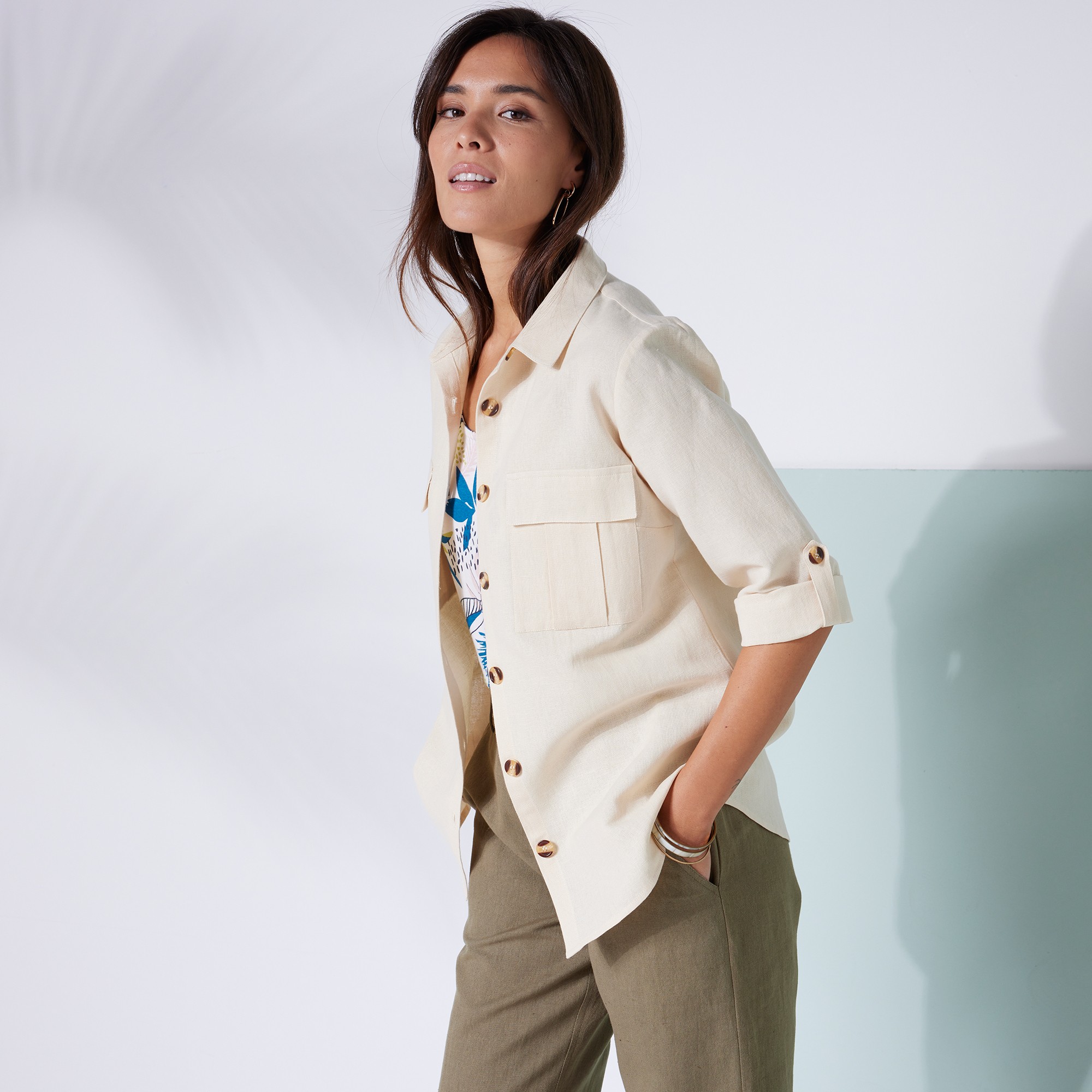 Chemisier Lin-coton, Manches Retroussables - Blancheporte