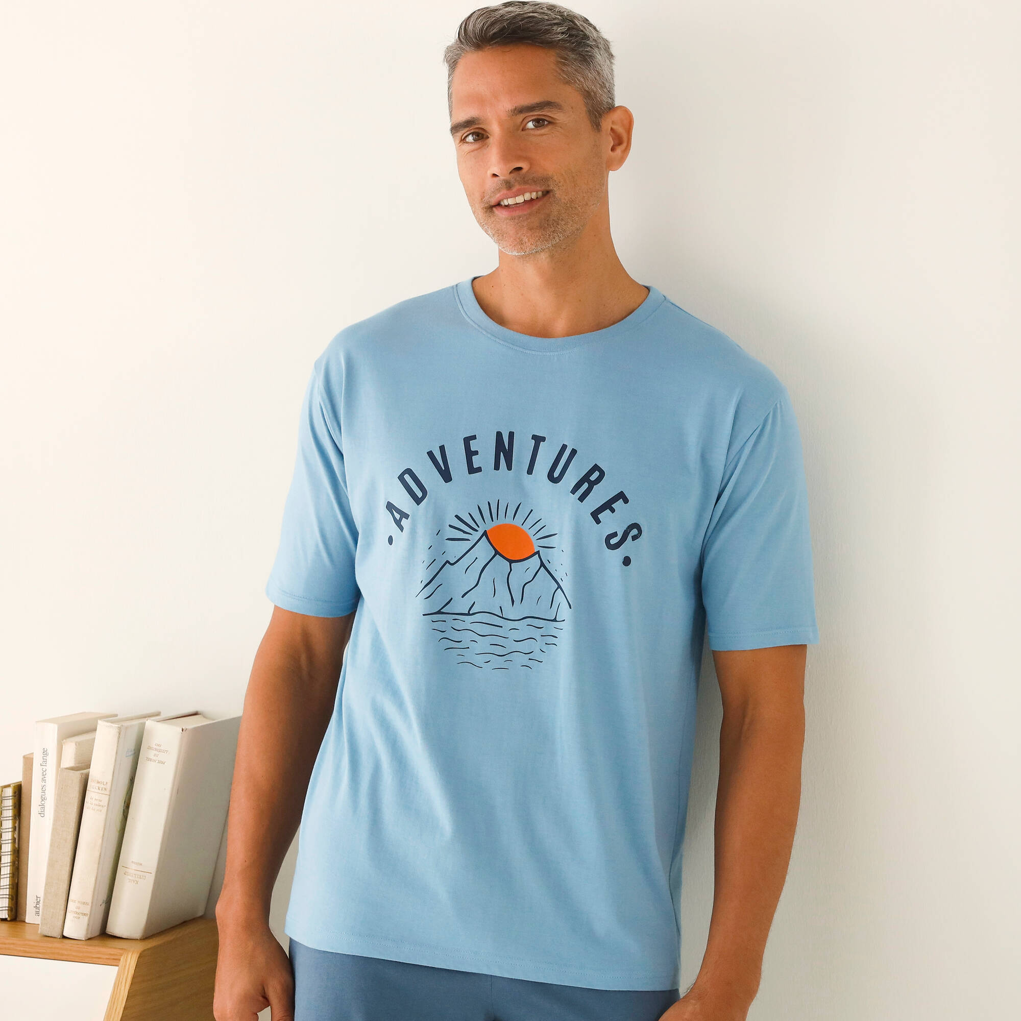 T-shirt pyjama imprimé placé manches courtes coton  - Blancheporte