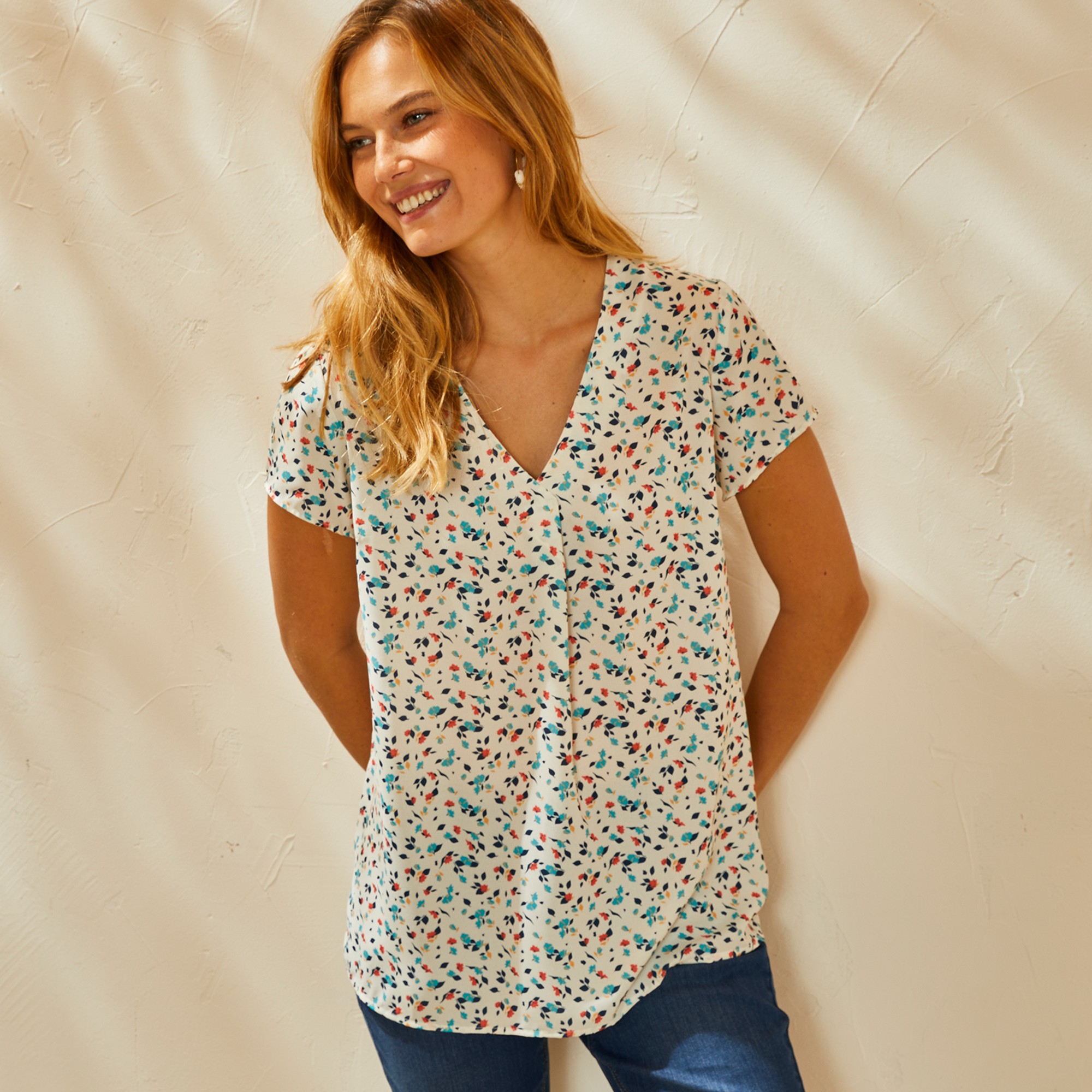 Blouse V Manches Courtes, Crêpe Imprimé Feuilles - Blancheporte