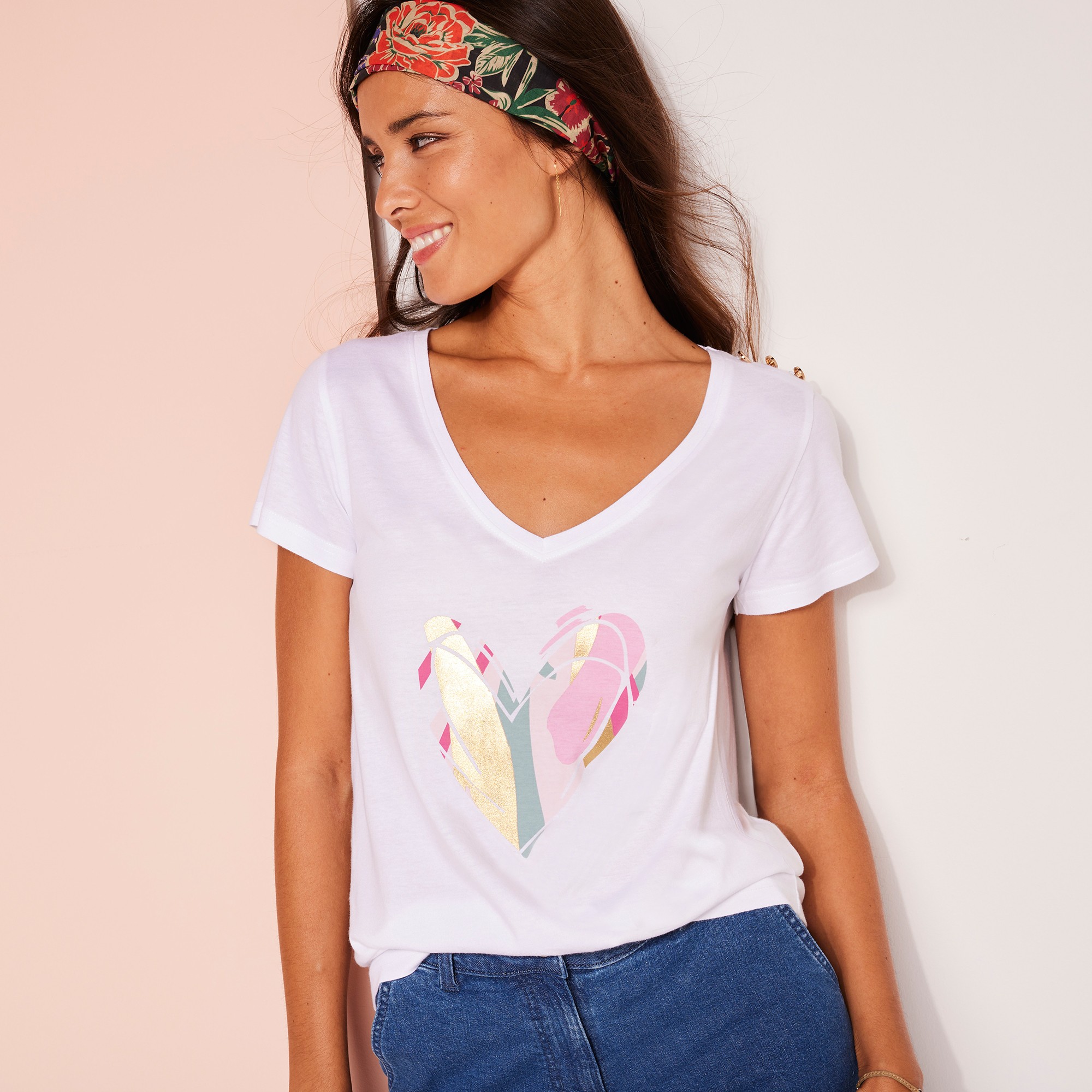 T-shirt Col V, Imprimé Placé Cœur - Blancheporte