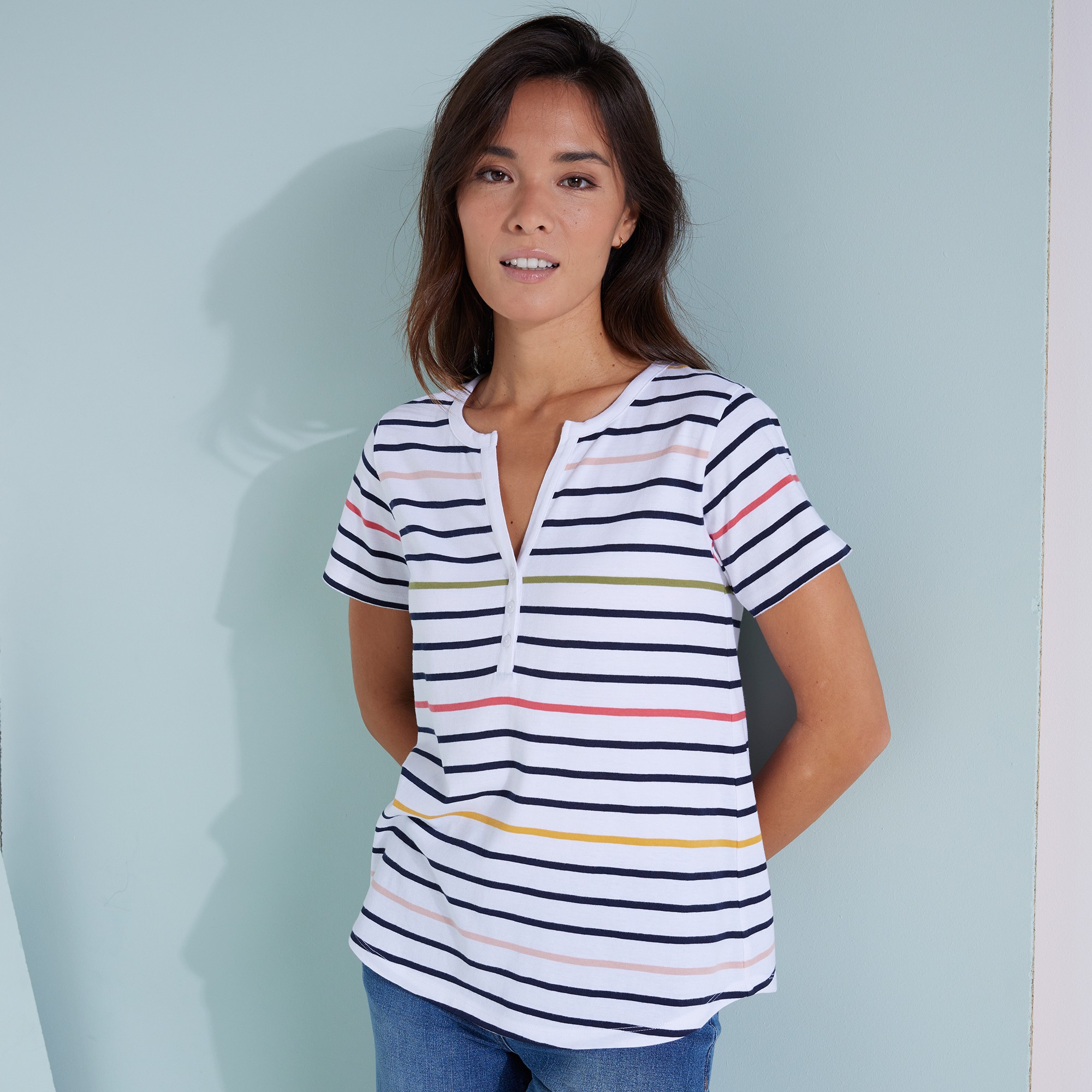 T-shirt Rayé Col Tunisien, Manches Courtes - Blancheporte