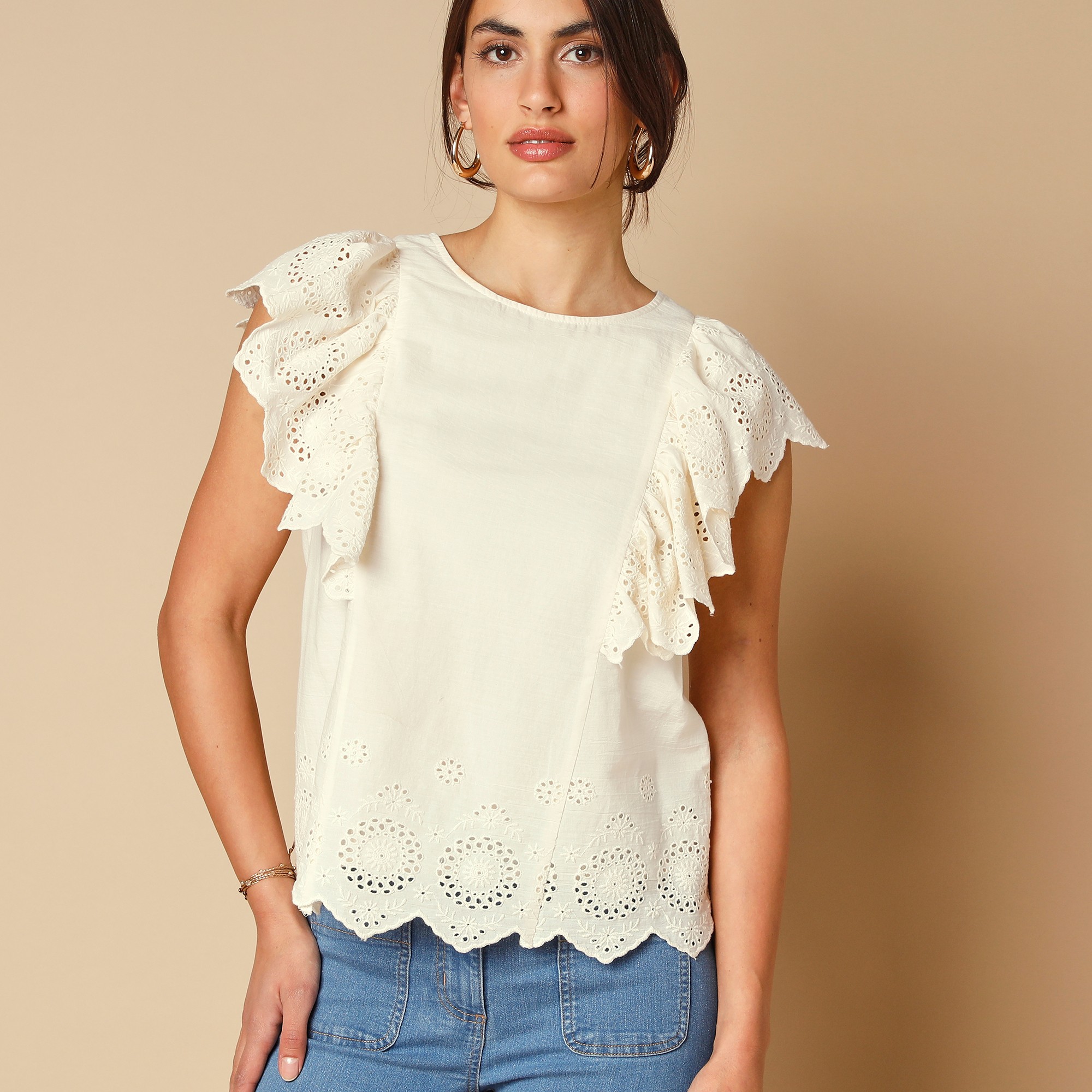 Blouse Volantée Avec Broderie Anglaise - Blancheporte