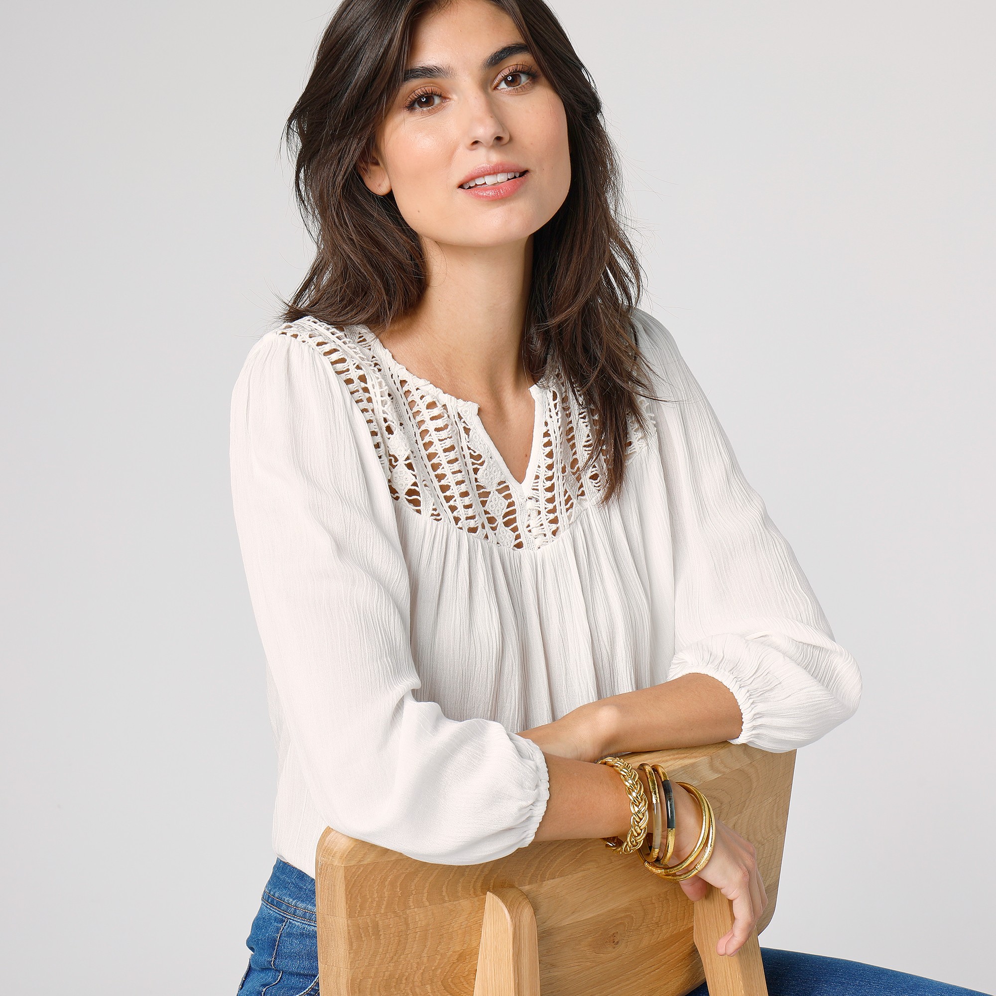 Blouse macramé manches 3/4 - 46 - Écru - Lora Zellini