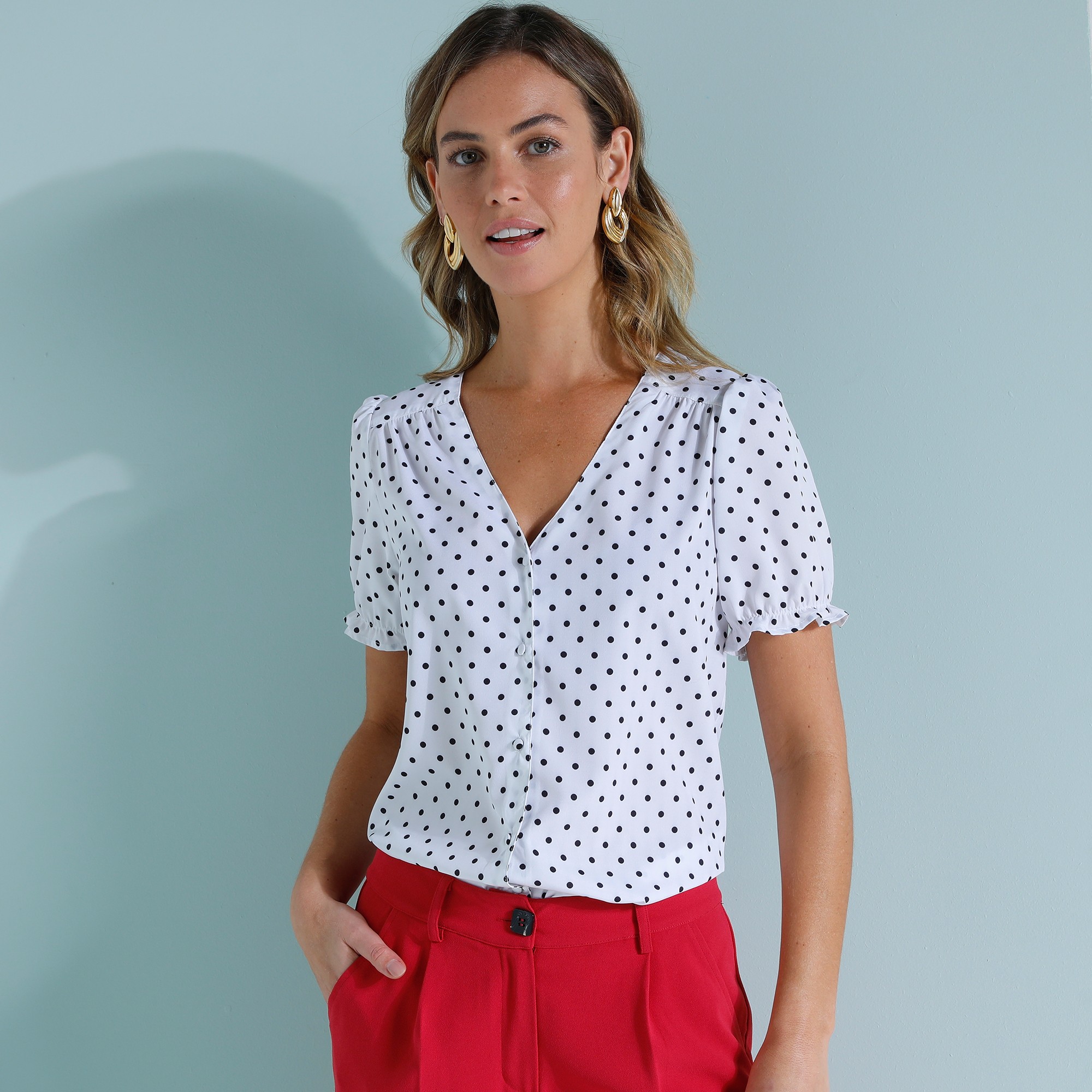 Chemisier Boutonné Manches Blousantes Imprimé Pois - Blancheporte