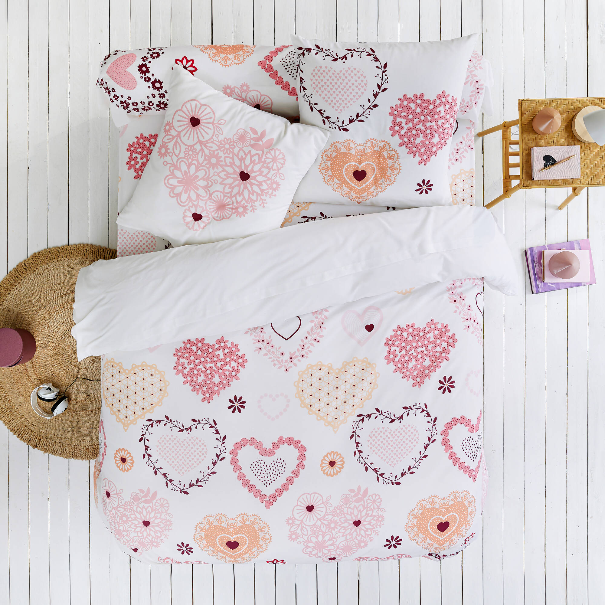 Linge de lit Candice en coton imprimé cœurs - Blancheporte
