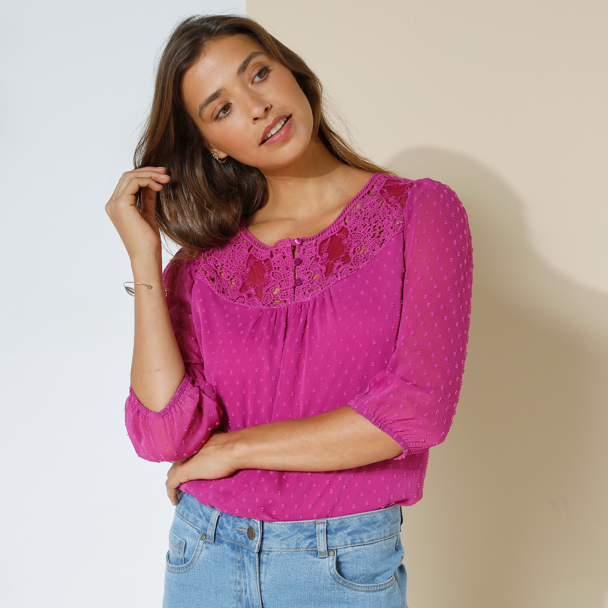 Blouse Macramé Unie, Voile Plumetis - Blancheporte