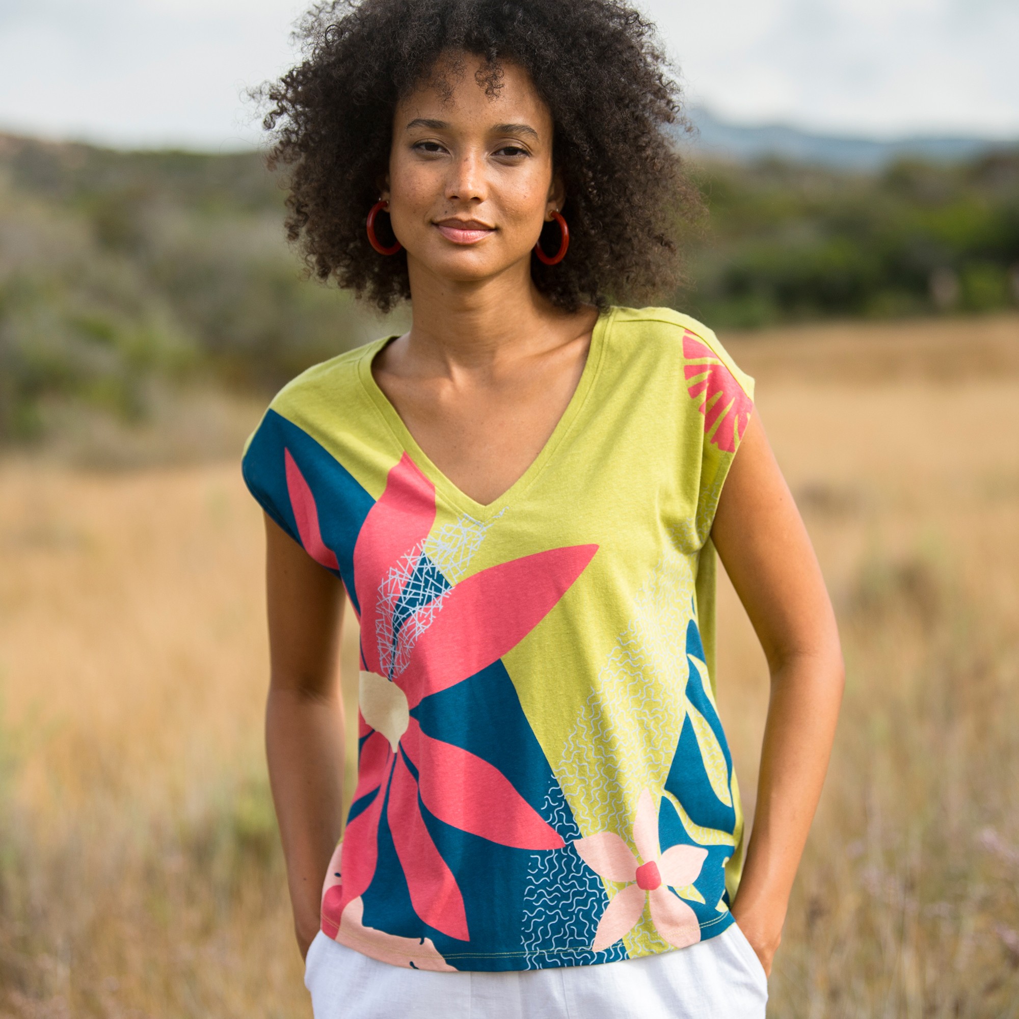 T-shirt Imprimé Col V, Coton-lin - Blancheporte