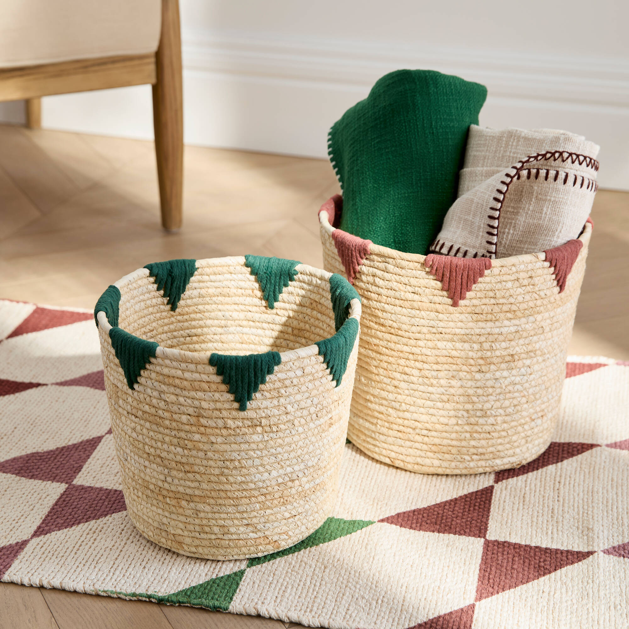 Panier bicolore rond maïs - lot de 2  - Blancheporte