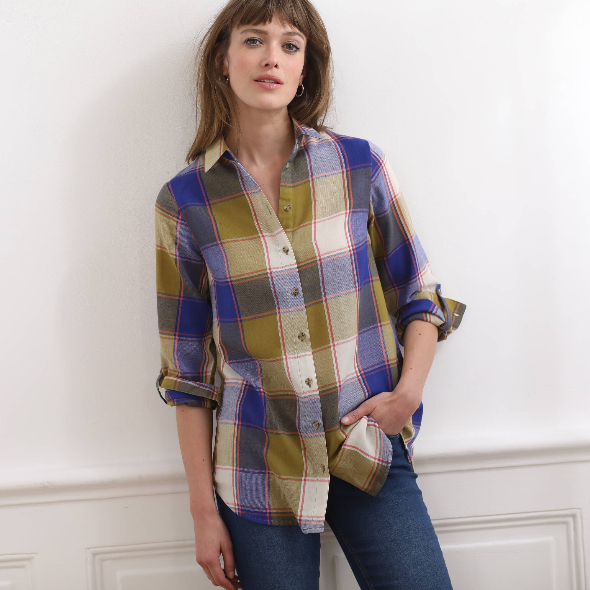 Chemise manches longues à carreaux et volants femme beige