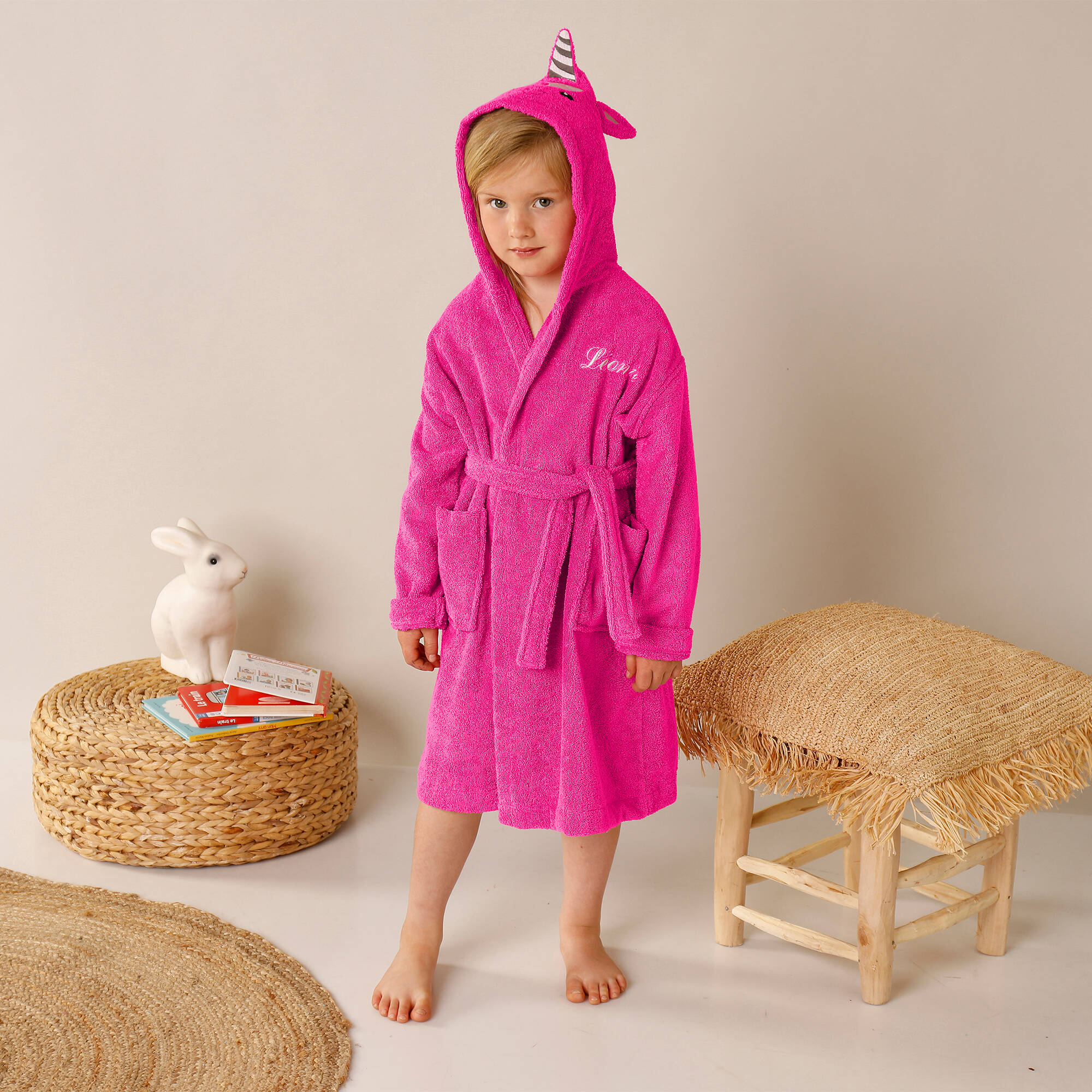 Peignoir de bain enfant personnalisable licorne à capuche, fuchsia