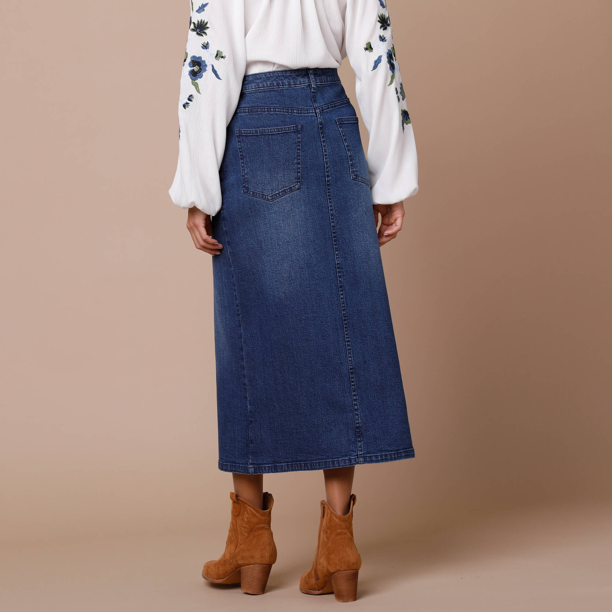 Jupe droite fendue en jean, stone Blancheporte