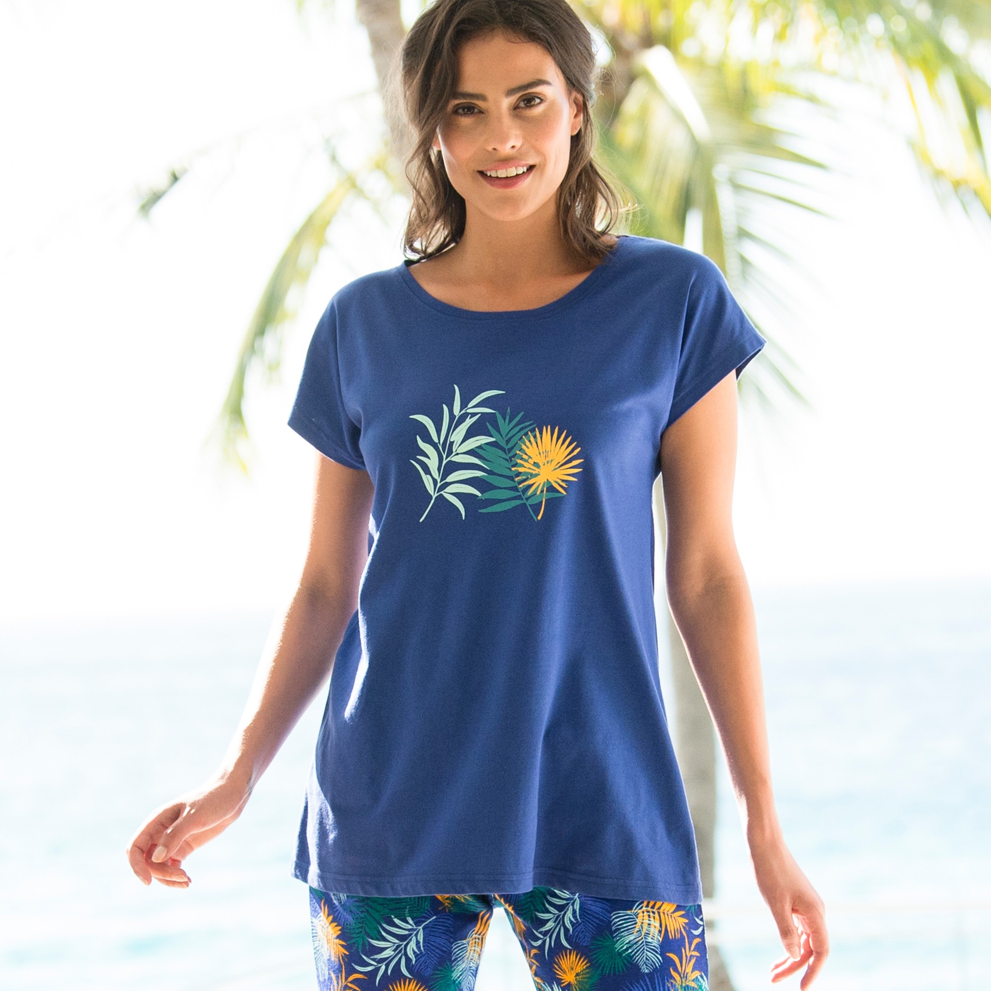 Tee-shirt De Pyjama En Coton Manches Courtes - Uni Tropical - Blancheporte