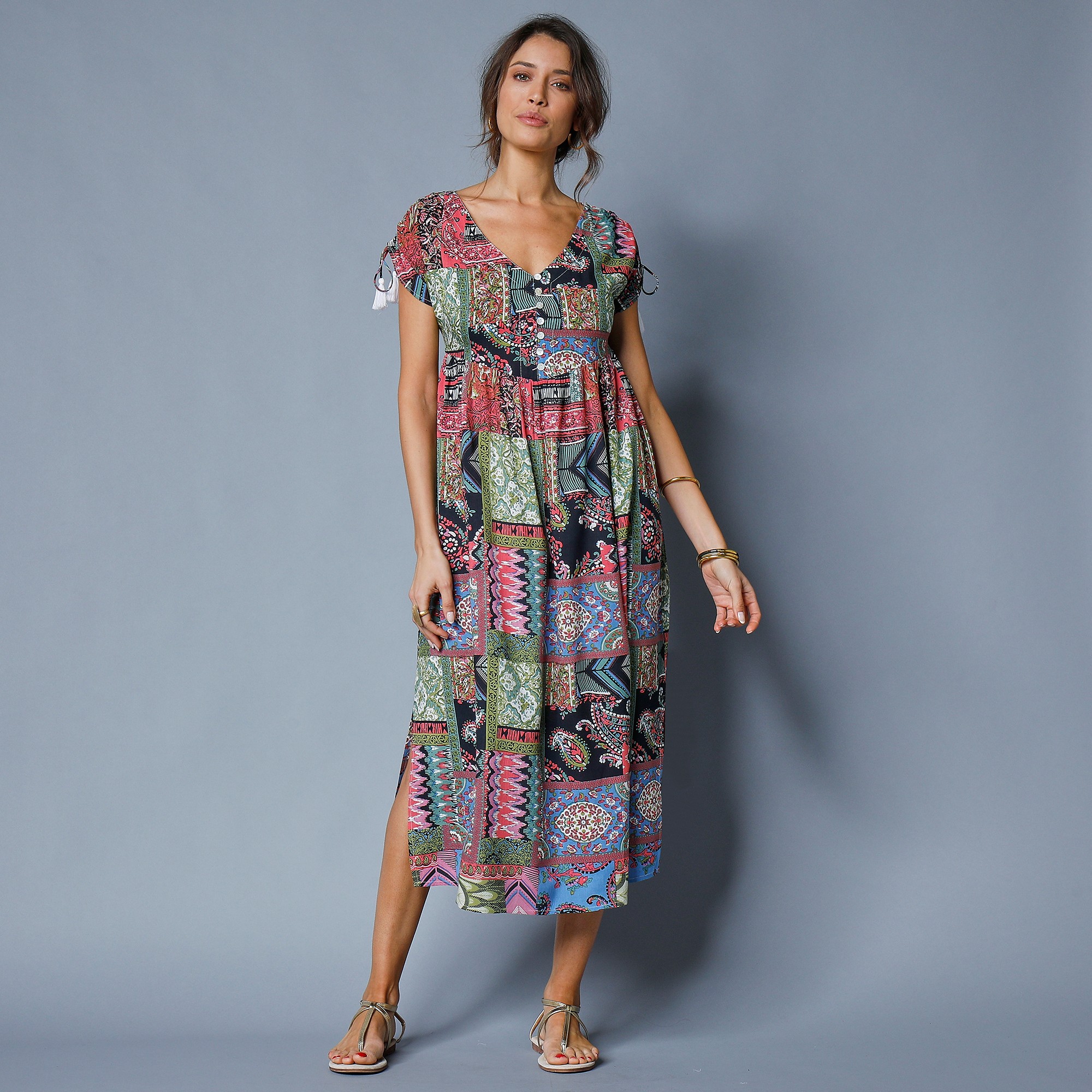 Robe mi-longue manches courtes imprimée - 52 - Noir - Lora Zellini