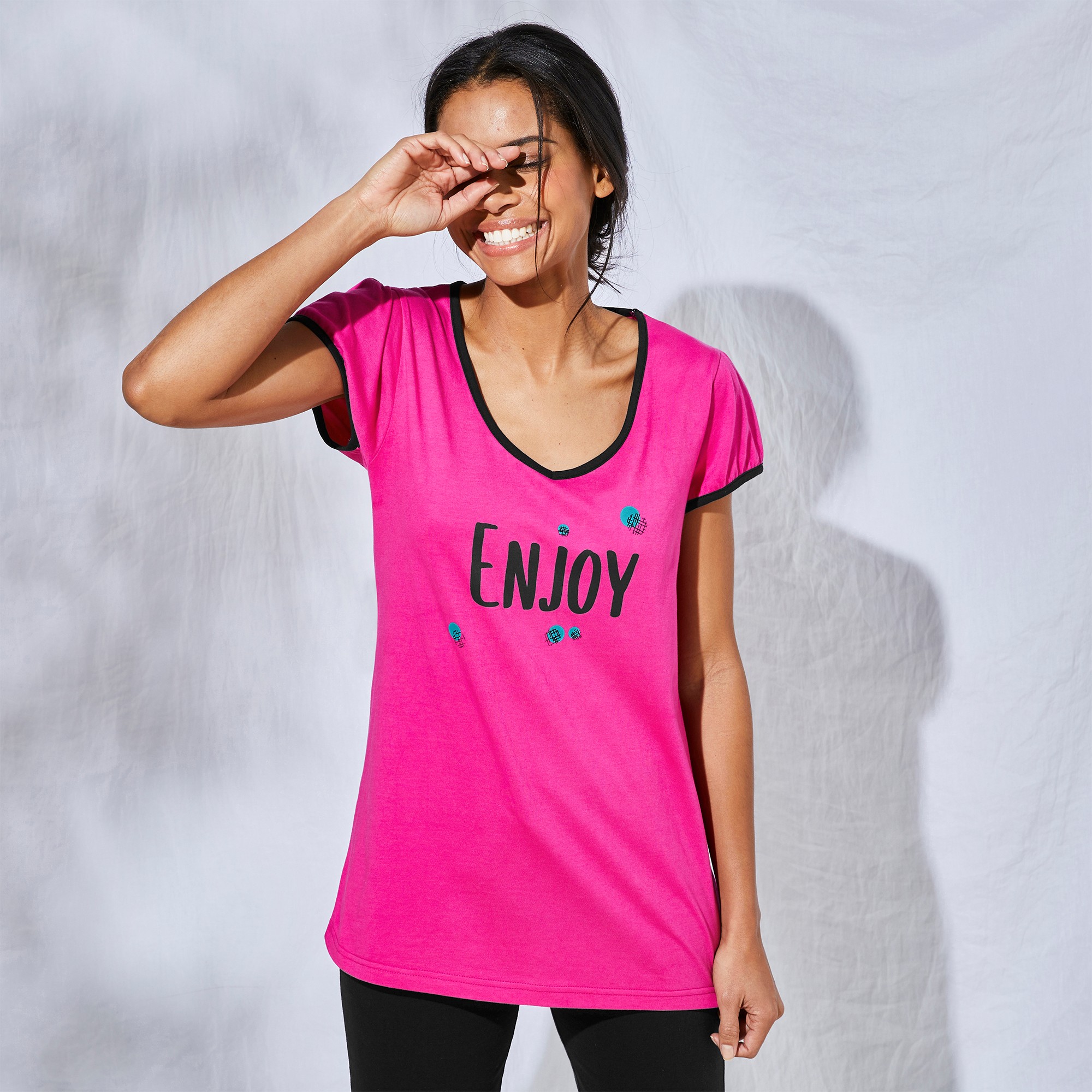 Tee-shirt Manches Courtes Coton Uni Imprimé Placé enjoy - Blancheporte