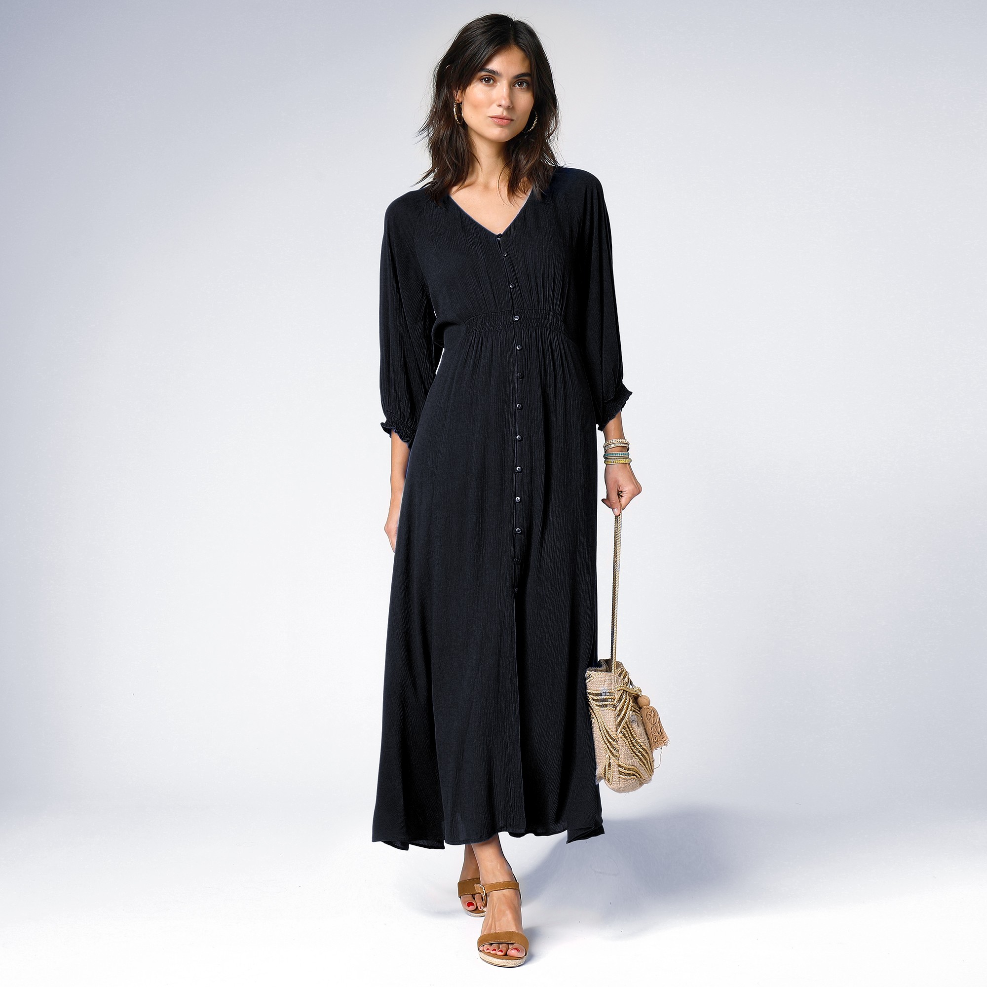 Robe Longue Boutonnée Unie, Crépon - Blancheporte