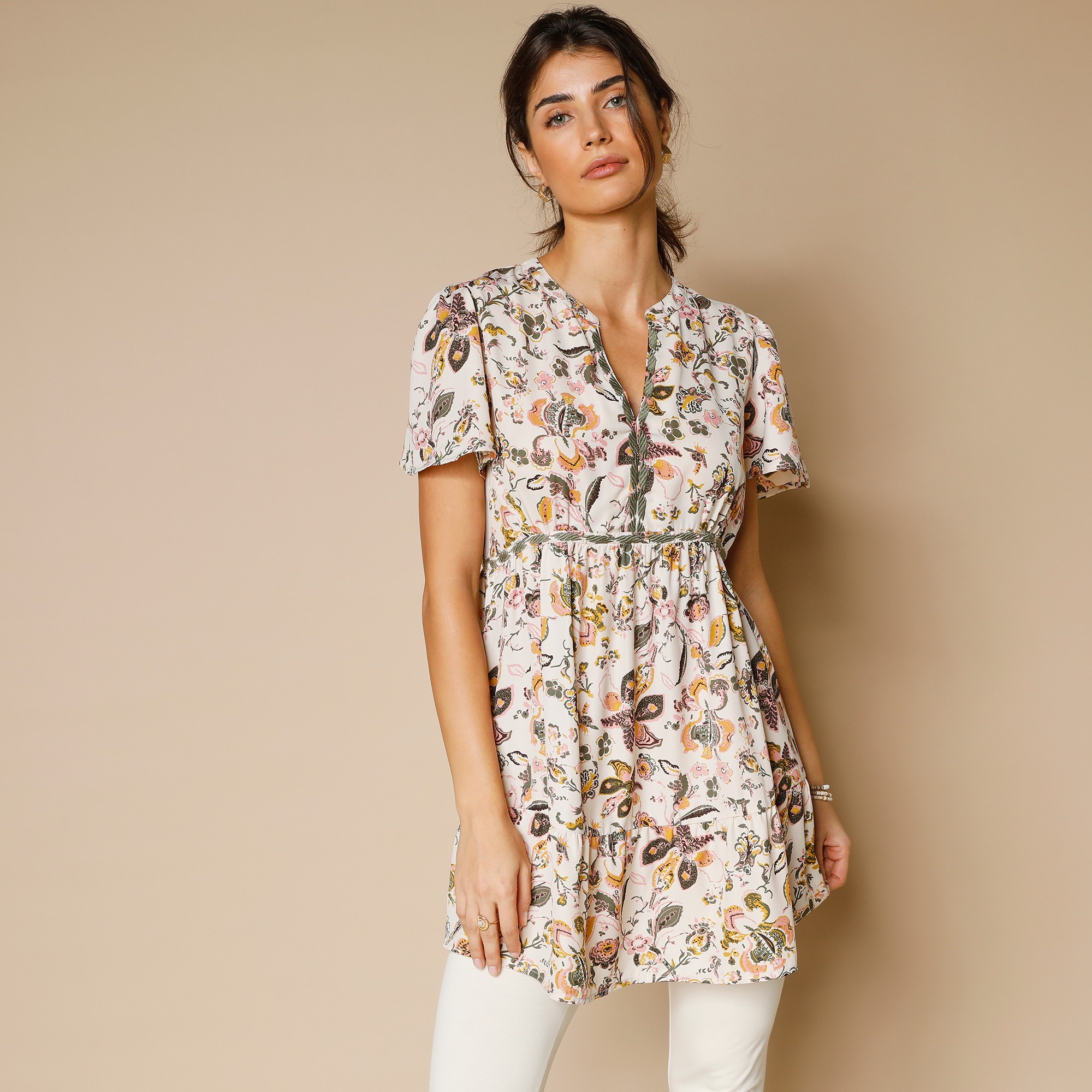 Tunique Col Tunisien Brodé, Imprimée - Lora Zellini