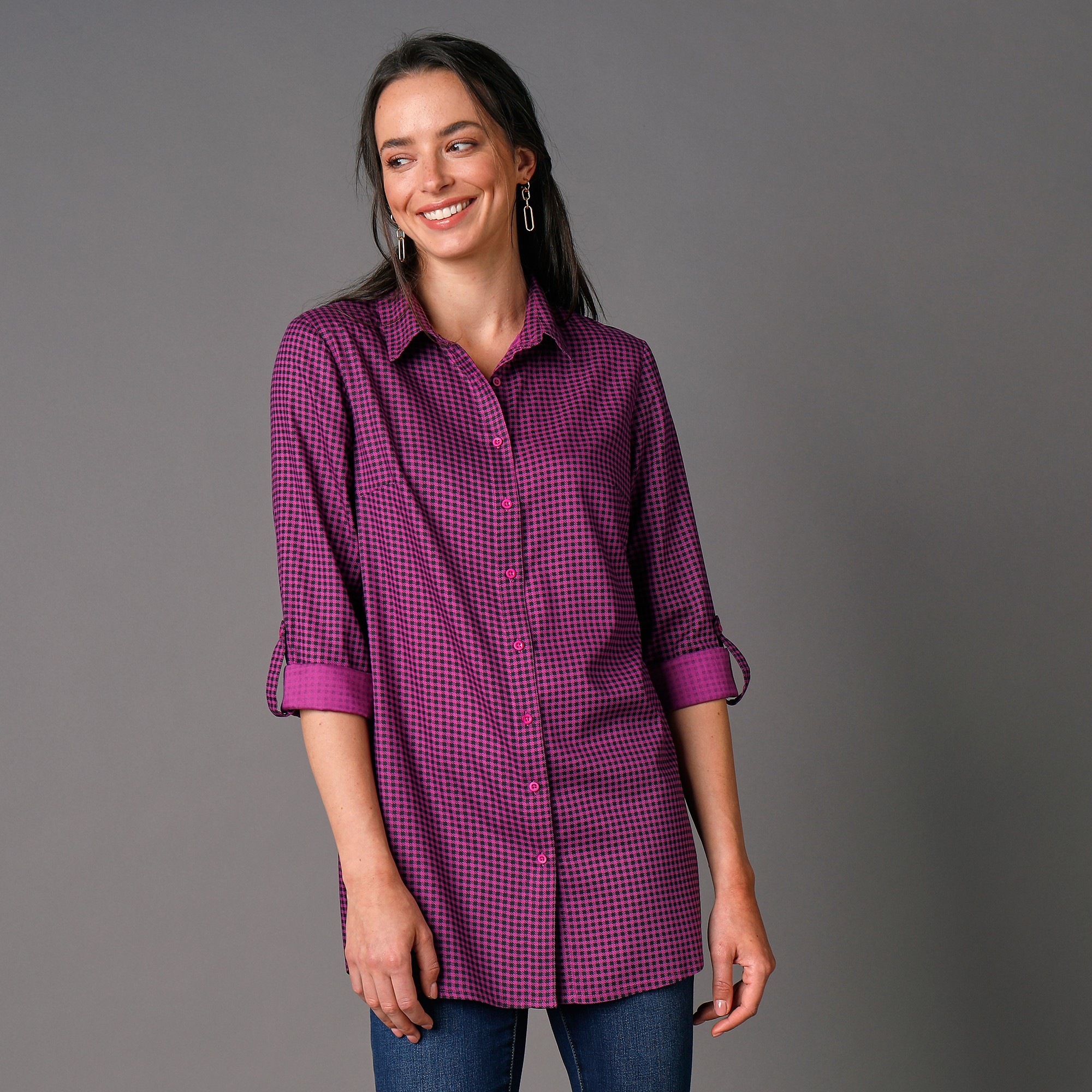 Chemise Liquette Boutonnée Imprimé Carreaux, Crêpe - Blancheporte