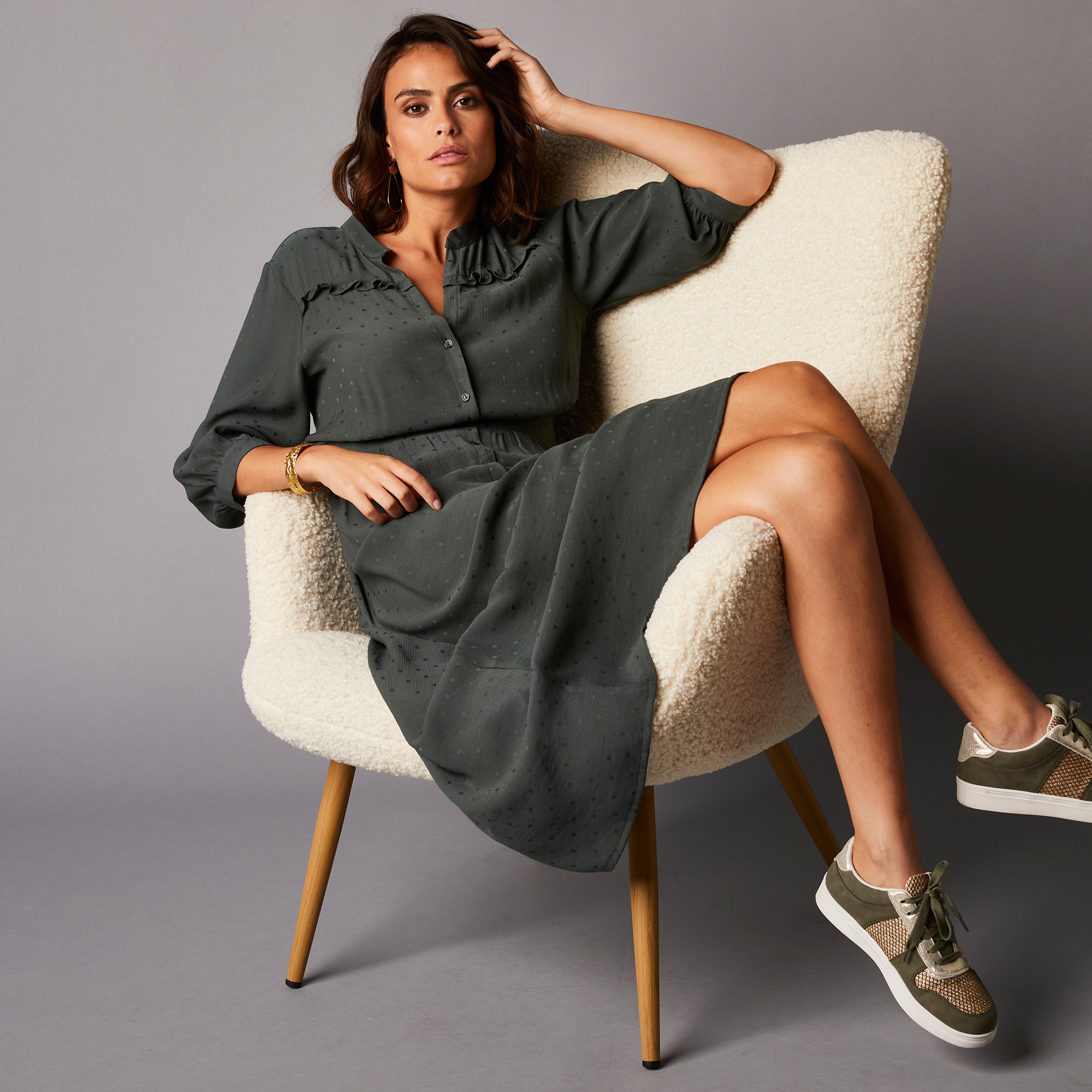 Robe Longue En Jacquard Effet Pois, Manches 3/4 - Blancheporte