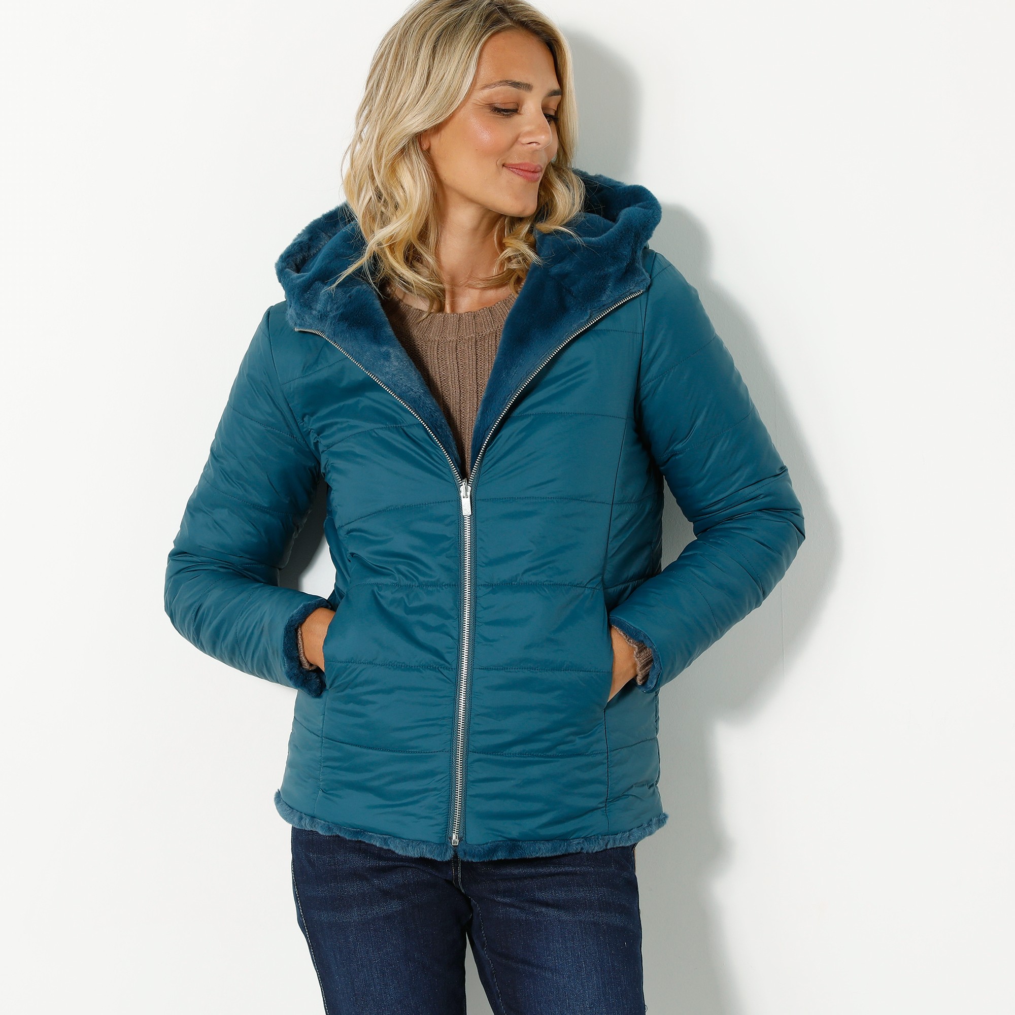 Manteau fausse shop fourrure bleu canard
