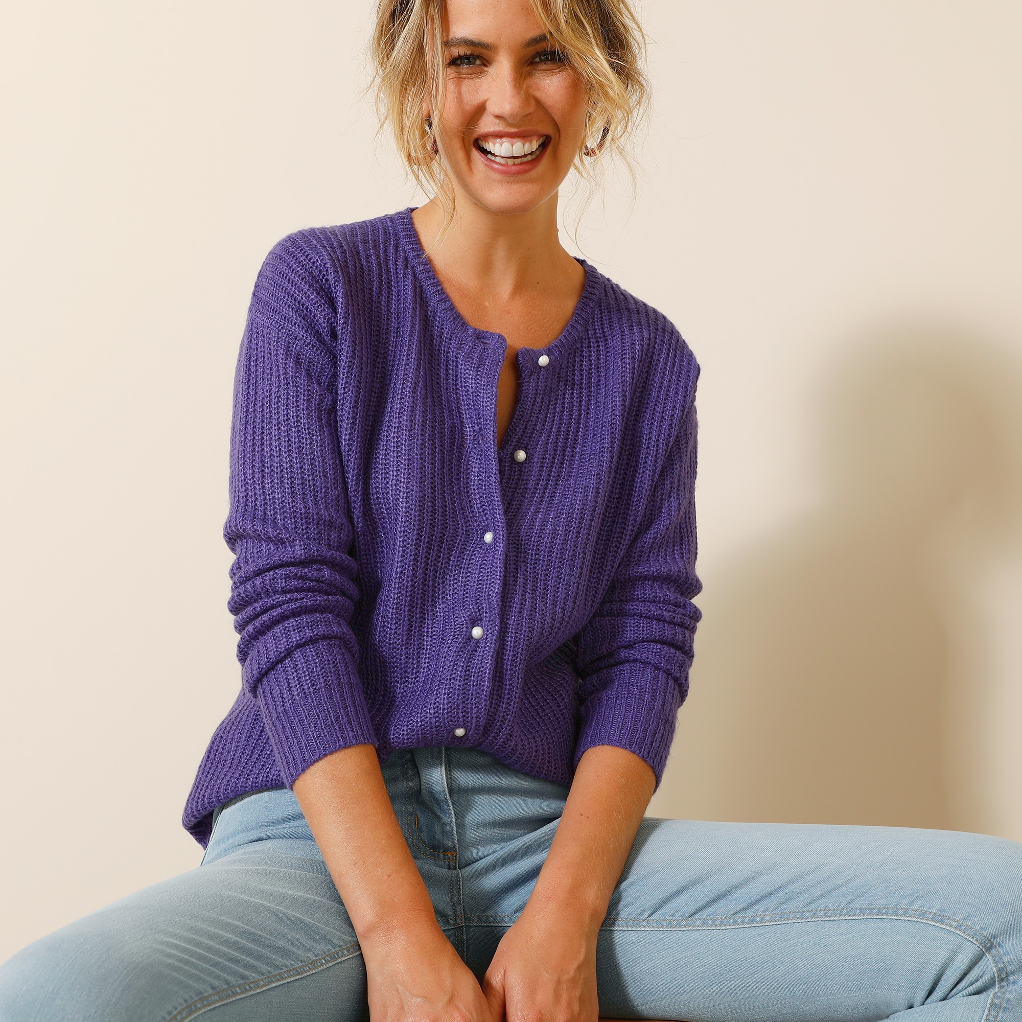 Cardigan Boutons Perles Fantaisie, Maille Anglaise - Blancheporte