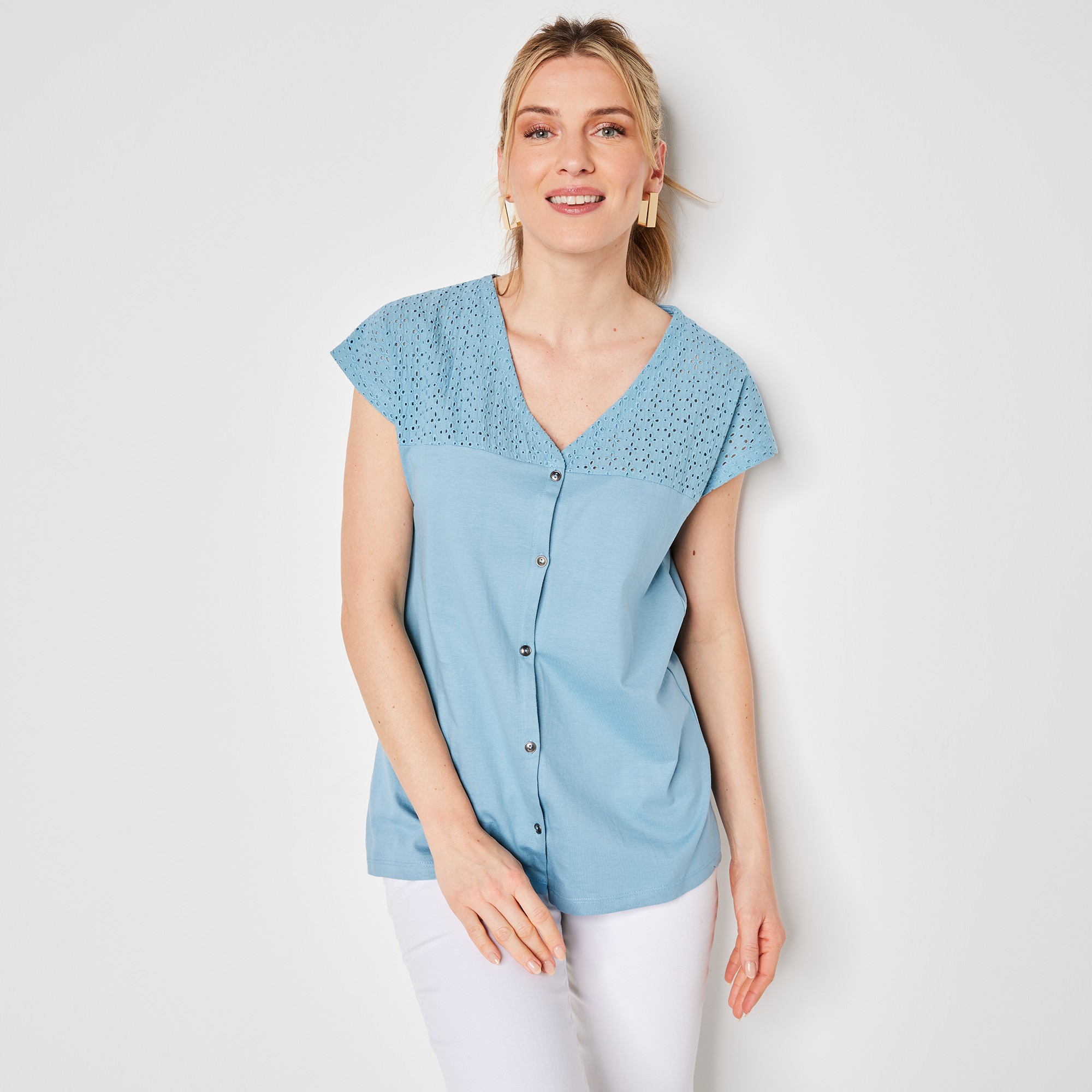 T-shirt Boutonné, Broderie Anglaise - Blancheporte