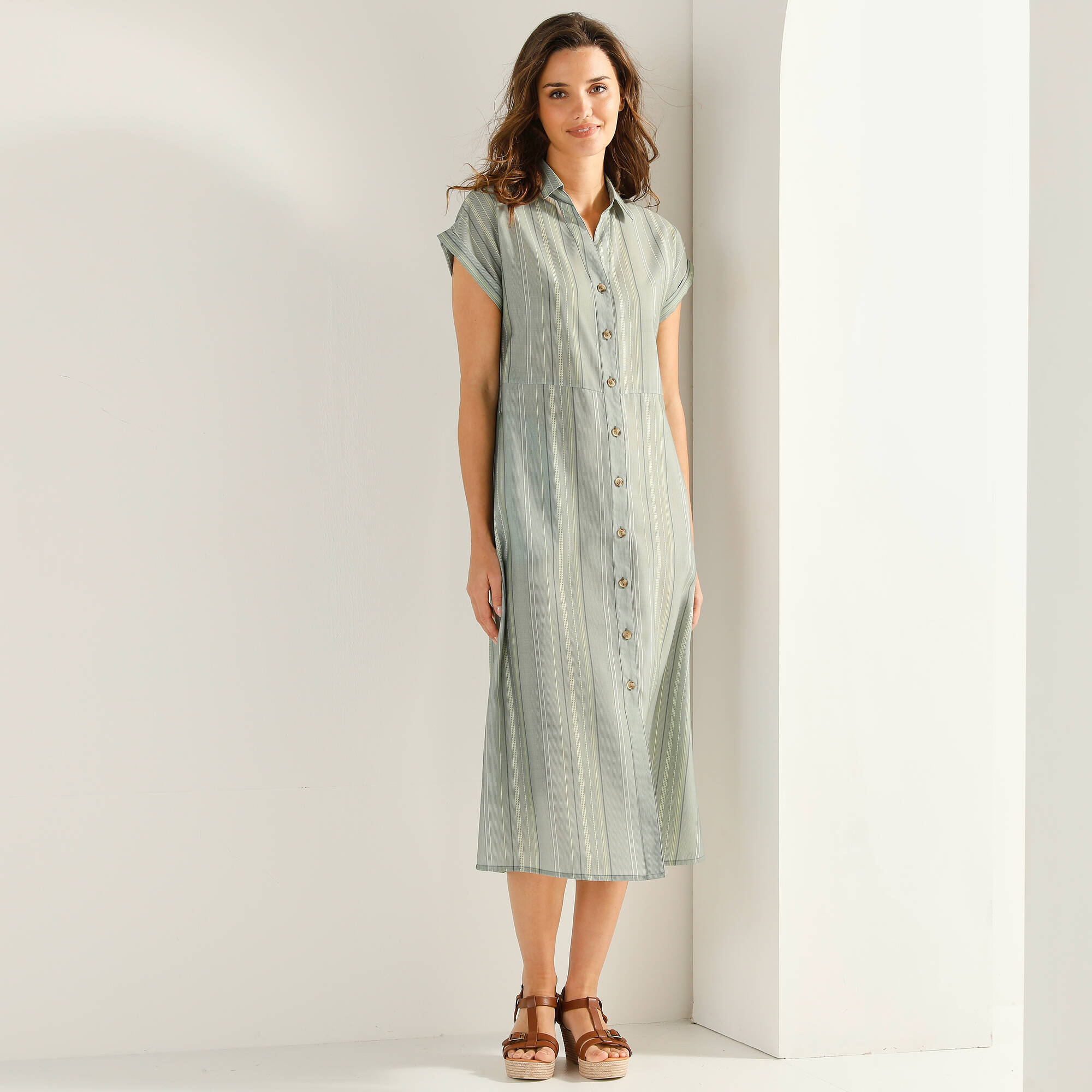 Robe chemise raye manches courtes coton fils tisss teints - Blancheporte 46 €