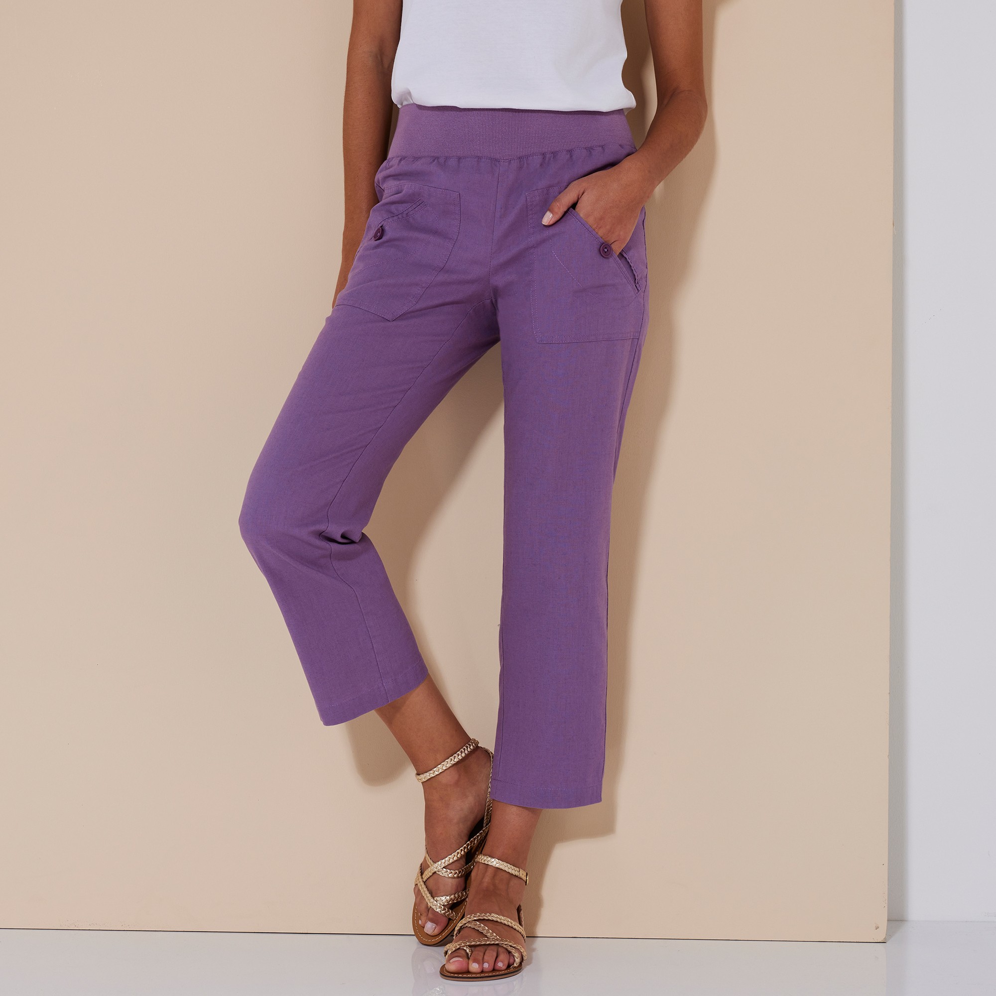 Pantalon coupe droite 7 8eme taille elastiquee lin coton violet grise Blancheporte