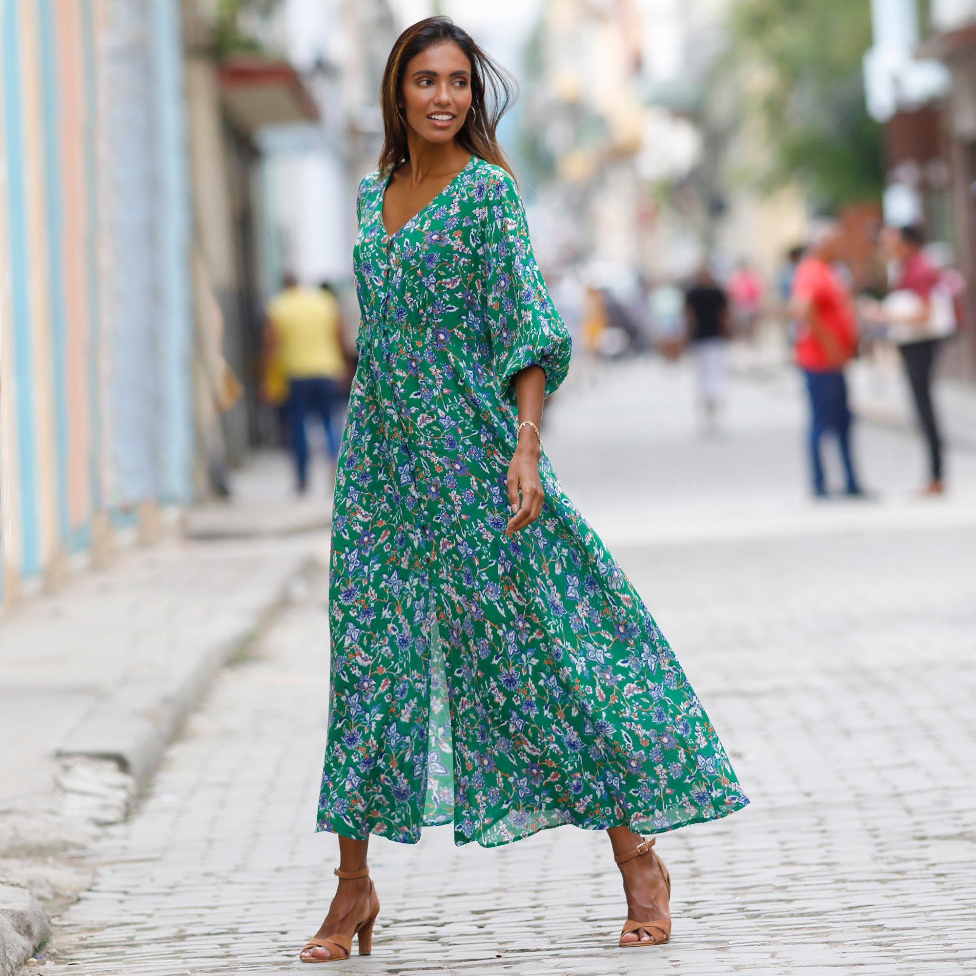 Robe longue boutonnee imprimee crepon
