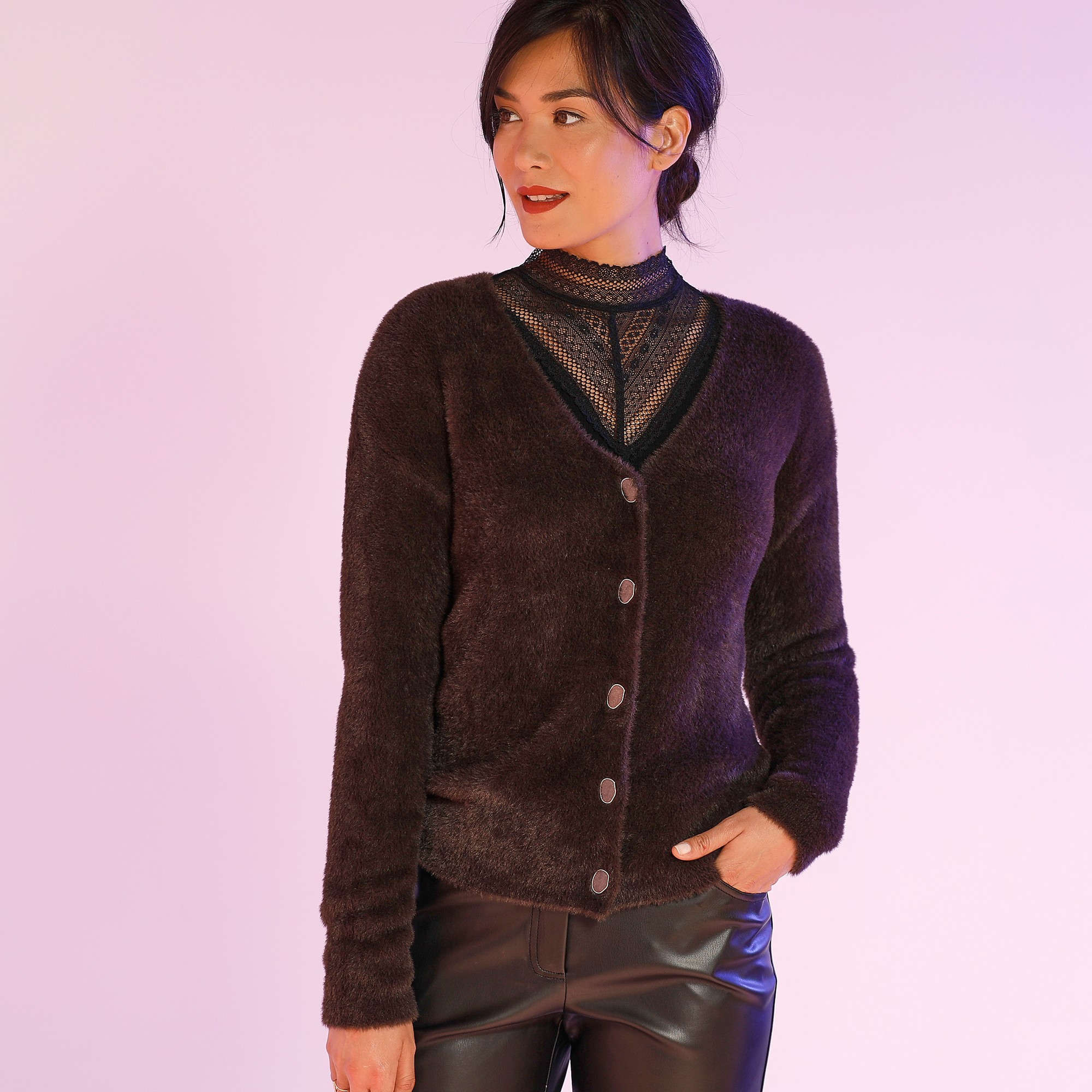 Gilet Col V Maille Jacquard Poilue - Blancheporte