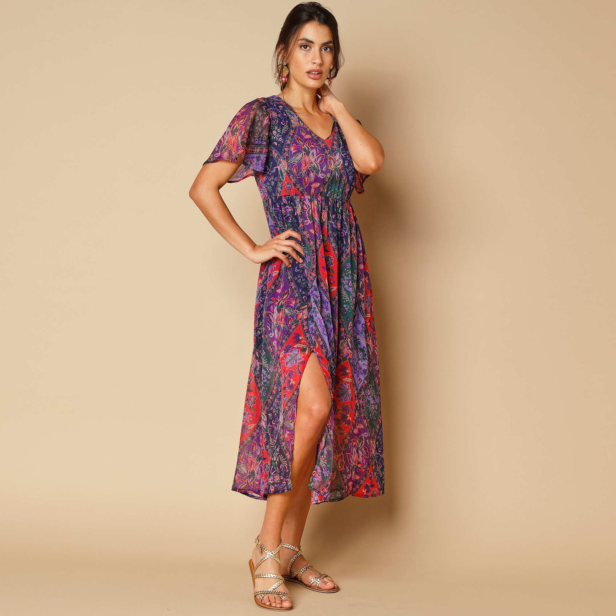 Robe longue voile imprimé, polyester recyclé** - 54 - Violet - Lora Zellini