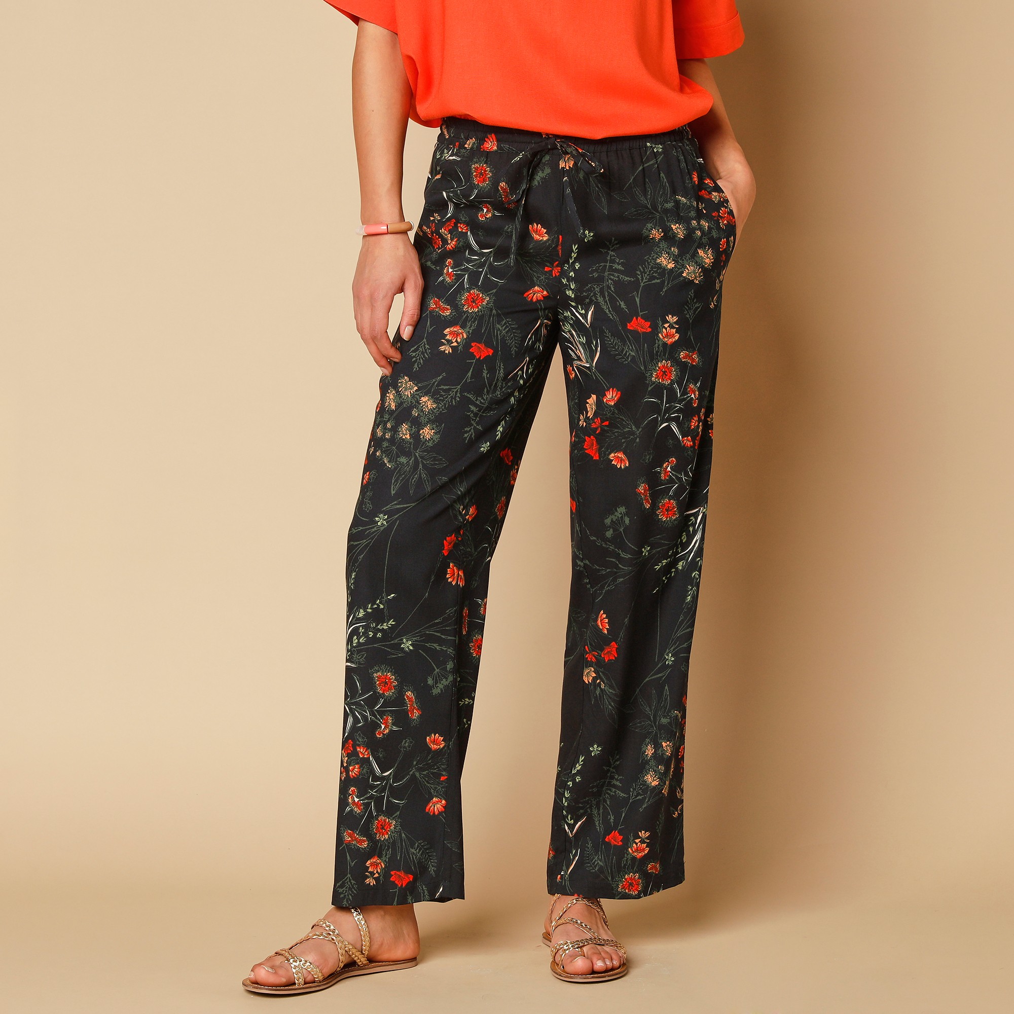 Pantalon large fluide imprimé - 54 - Noir - Lora Zellini