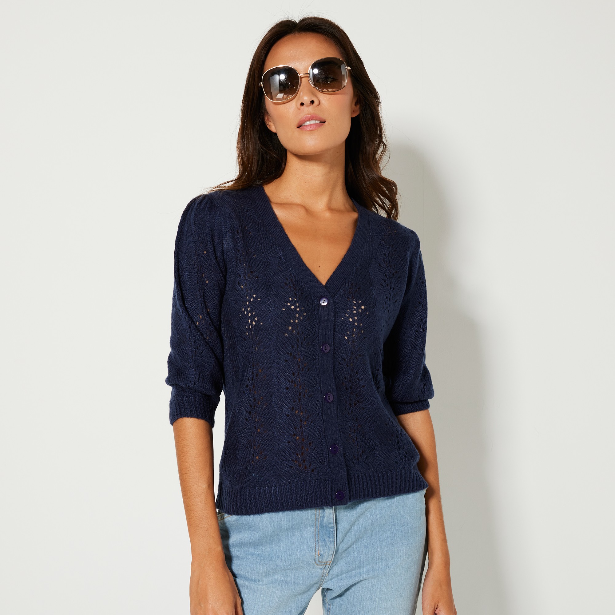 Gilet Col V, Maille Ajourée - Blancheporte